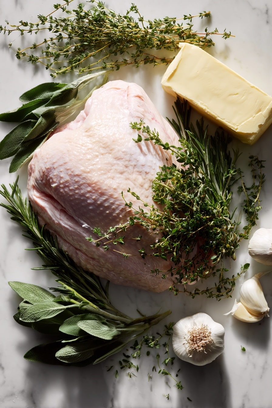 Flat lay of a large raw turkey breast with pale pink flesh and creamy skin, surrounded by fresh sprigs of deep green rosemary, sage, thyme, and parsley leaves, scattered naturally around the meat; several plump, peeled garlic cloves with a smooth white surface lie nearby, alongside a thick slab of soft unsalted butter with a pale yellow hue, all arranged with gentle shadows and highlights that emphasize their fresh, natural textures, placed on white marbled surface, photo taken with an iphone --ar 2:3 --v 7 - Garlic Herb Butter Roasted Turkey Breast, roasted turkey breast, herb butter turkey, juicy turkey breast recipe, easy holiday turkey
