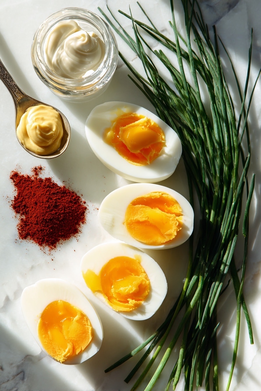 Flat lay of six large hard boiled eggs halved with smooth, creamy bright yellow-orange yolks, small bunches of fresh vibrant green chives cut into short pieces, a small heap of deep red smoked paprika powder with a fine texture, a dollop of glossy white mayonnaise, a small spoon of rich golden yellow mustard, and a clear glass vial of white vinegar, all beautifully arranged with natural light casting soft shadows, placed on white marbled surface, photo taken with an iphone --ar 2:3 --v 7 - Pumpkin Deviled Eggs, Halloween Deviled Eggs, Fall Party Appetizer, Pumpkin Themed Snacks, Easy Holiday Deviled Eggs