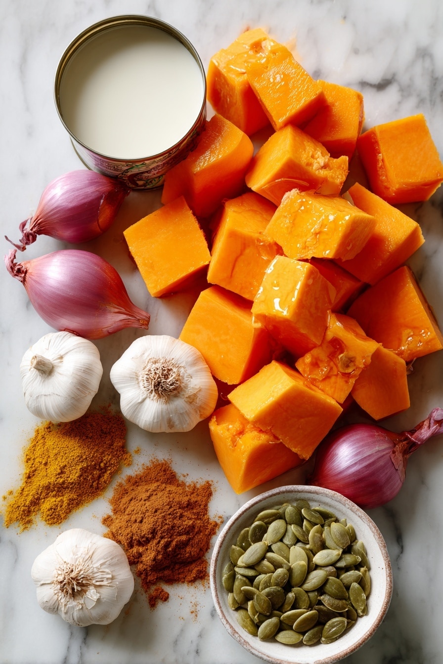 Flat lay of bright orange butternut squash chunks with smooth skin and firm texture, small glossy shallots with purple skins and delicate layers, fresh garlic cloves with papery white skins, a small heap of golden curry powder with a fine texture, warm brown cinnamon powder in a soft pile, a creamy white can of coconut milk with a shiny surface, amber-colored maple syrup glistening in a small puddle, and a few vibrant green fresh pumpkin seeds with a matte finish, all arranged naturally with some overlapping and spaced thoughtfully to show color contrast, placed on white marbled surface, photo taken with an iphone --ar 2:3 --v 7 - Curried Butternut Squash Soup, butternut squash soup, spicy squash soup, vegan butternut squash soup, cozy fall soups