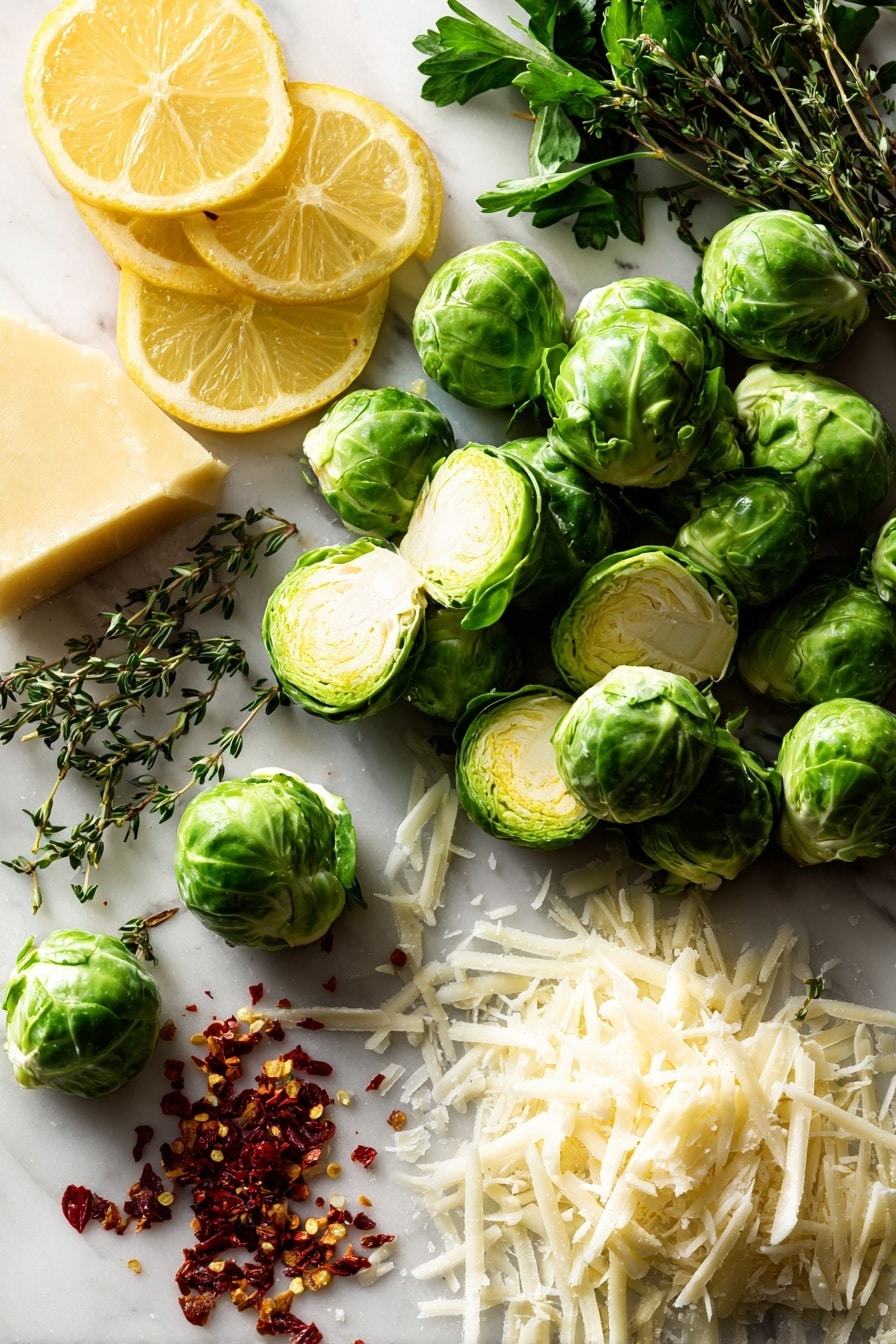 Flat lay of fresh green Brussels sprouts halved to show their tight leafy layers, bright yellow lemon slices with textured skin and vibrant zest curls, small piles of finely grated white Parmesan cheese, scattered fresh thyme sprigs with tiny green leaves, fresh flat-leaf parsley bunch with crisp bright leaves, and a few red chili flakes adding a pop of deep red color, all naturally arranged with soft shadows to highlight their textures, placed on white marbled surface, photo taken with an iphone --ar 2:3 --v 7 - Roasted Brussels Sprouts with Lemon, Parmesan, and Thyme, Brussels Sprouts Side Dish, Easy Roasted Brussels Sprouts, Lemon Parmesan Brussels Sprouts, Healthy Brussels Sprouts Recipe