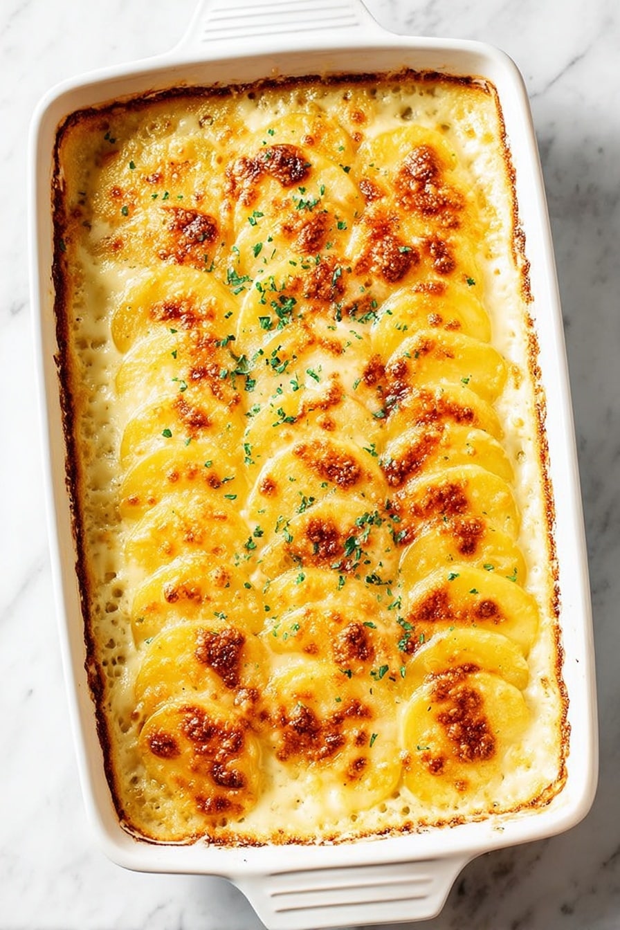 The image shows a close-up of a cheesy potato gratin in a cream-colored rectangular baking dish with a red handle. The dish has thin golden-yellow potato layers, some with browned, bubbly, and slightly crispy edges. Fresh green herb bits are sprinkled on top, adding a pop of color. A metal spatula is lifting a serving from the dish, revealing soft, creamy layers of tender potatoes beneath the browned cheese crust on a white marbled surface. Photo taken with an iphone --ar 2:3 --v 7 - Easy Cheesy Scalloped Potatoes, cheesy scalloped potatoes, creamy potato side dish, how to make scalloped potatoes, cheesy potato casserole