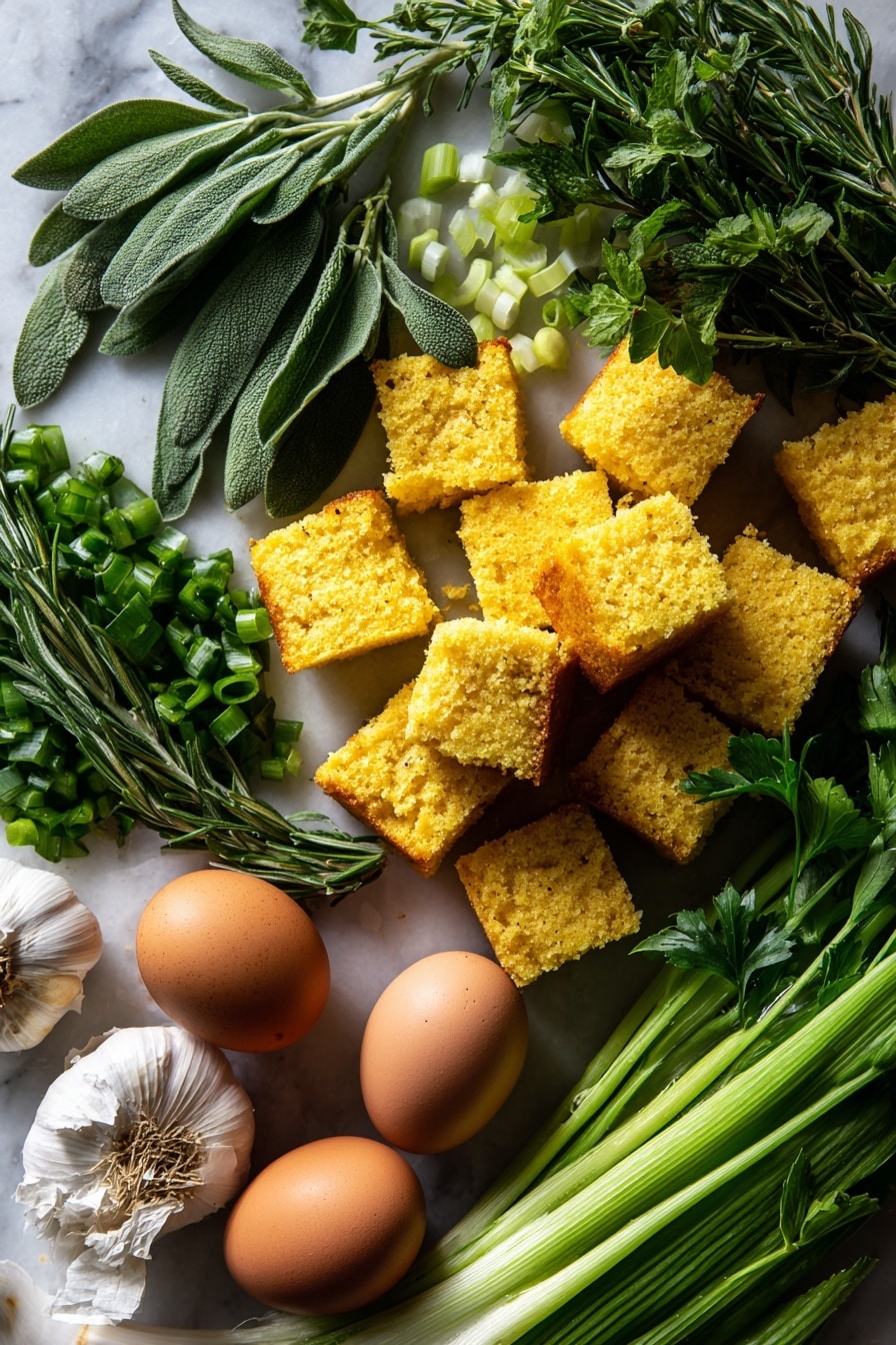 Flat lay of golden cubed cornbread pieces, vibrant green fresh sage leaves, rosemary sprigs with needle-like leaves, bright yellow chopped onion chunks, crisp pale green celery stalks, bunches of leafy parsley in deep green, freshly grated white garlic cloves, and large brown eggs with smooth shells, all naturally arranged with soft shadows and varied textures to highlight their freshness, placed on white marbled surface, photo taken with an iphone --ar 2:3 --v 7 - Cornbread Stuffing, easy cornbread stuffing, holiday stuffing recipes, savory cornbread dressing, flavorful stuffing side dish