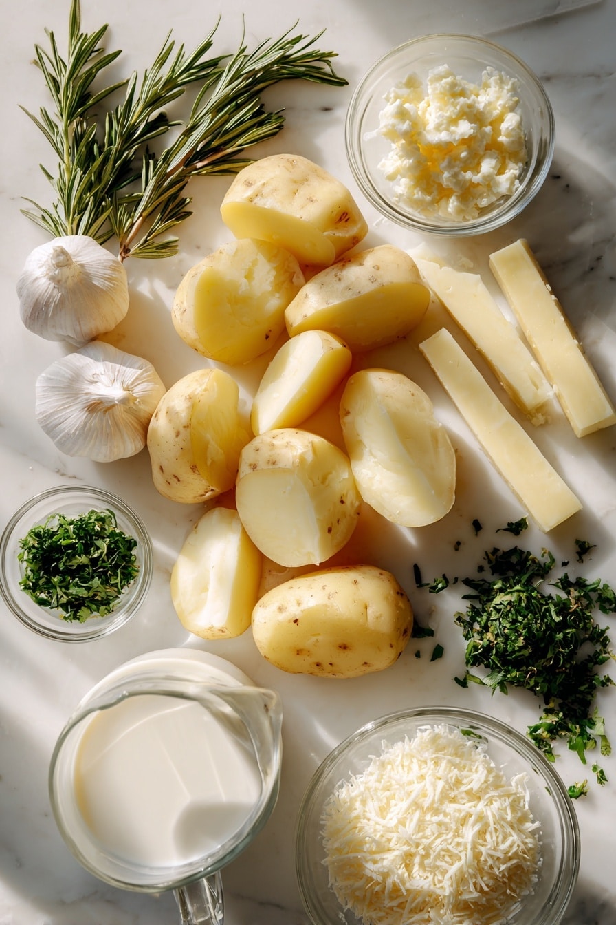 Flat lay of peeled Yukon Gold potatoes cut into large pieces with smooth, pale yellow flesh, whole sticks of golden salted butter, fresh garlic cloves and a small heap of finely minced garlic showing creamy white cloves, a small pile of chopped fresh green rosemary and parsley herbs, a mound of grated pale ivory Parmesan cheese, a glass container of rich heavy cream with soft white color, and a small jug of whole milk with a creamy texture, all arranged naturally with gentle shadows cast softly, placed on white marbled surface, photo taken with an iphone --ar 2:3 --v 7 - Creamy Garlic Mashed Potatoes, mashed potato recipes, garlic mashed potatoes, easy mashed potatoes, smooth mashed potato side dish