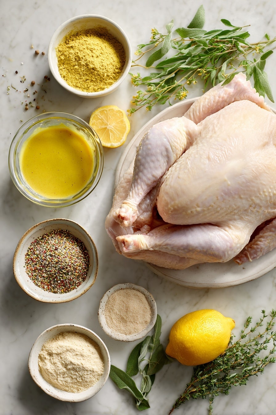 Flat lay of a fresh whole raw turkey with smooth, pale skin, surrounded by small bowls of lemon pepper seasoning with a mix of yellow and black specks, poultry seasoning in a light brown powder, garlic powder and onion powder both in fine pale yellow textures, a small glass of bright yellow Dijon mustard, a wedge of vibrant yellow lemon, and fresh sprigs of green herbs scattered naturally, all placed on white marbled surface, photo taken with an iphone --ar 2:3 --v 7 - Deep Fried Turkey, crispy fried turkey, juicy turkey recipe, Thanksgiving fried turkey, quick turkey cooking
