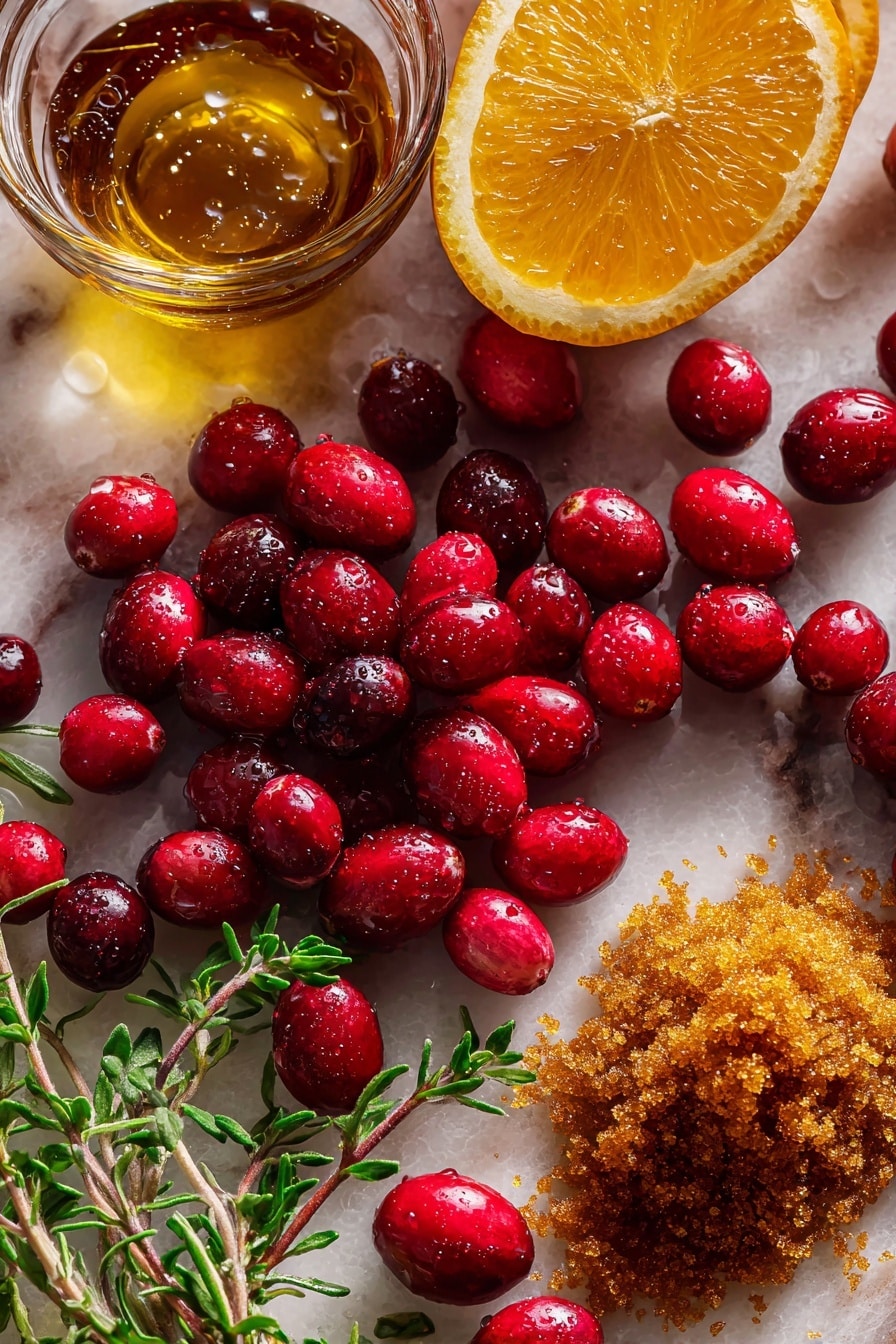Flat lay of bright red fresh cranberries with tiny water droplets, a halved vibrant orange showing its juicy, textured flesh alongside a small pile of finely grated orange zest in vivid orange tones, a rustic mound of rich dark brown sugar crystals with a slightly sticky texture, and a small glass dish of golden vanilla extract with smooth, glossy surface, all naturally arranged with sprigs of fresh green herbs gently scattered for contrast, placed on white marbled surface, photo taken with an iphone --ar 2:3 --v 7 - Easy Cranberry Sauce, homemade cranberry sauce, holiday cranberry sauce, quick cranberry sauce recipe, simple cranberry side dish