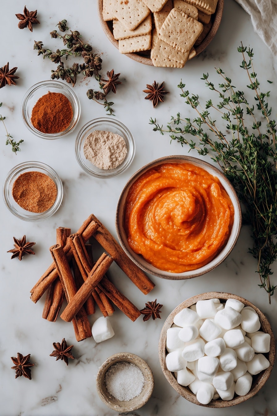 Flat lay of smooth, bright orange pumpkin purée next to whole cinnamon sticks with their warm brown, woody texture, scattered star anise pods adding dark brown, star-shaped contrast, small bowls of ground nutmeg and cloves showing fine tan and deep reddish-brown powders, a handful of soft white marshmallows with their pillowy texture, a cluster of mini golden graham crackers with a crumbly surface, and fresh cream swirled gently to show its rich white color, all beautifully arranged with some sprigs of fresh green thyme for a pop of color, placed on white marbled surface, photo taken with an iphone --ar 2:3 --v 7 - No-Bake Pumpkin Pie, pumpkin pie without baking, easy fall desserts, no-bake pumpkin dessert, quick pumpkin pie recipe