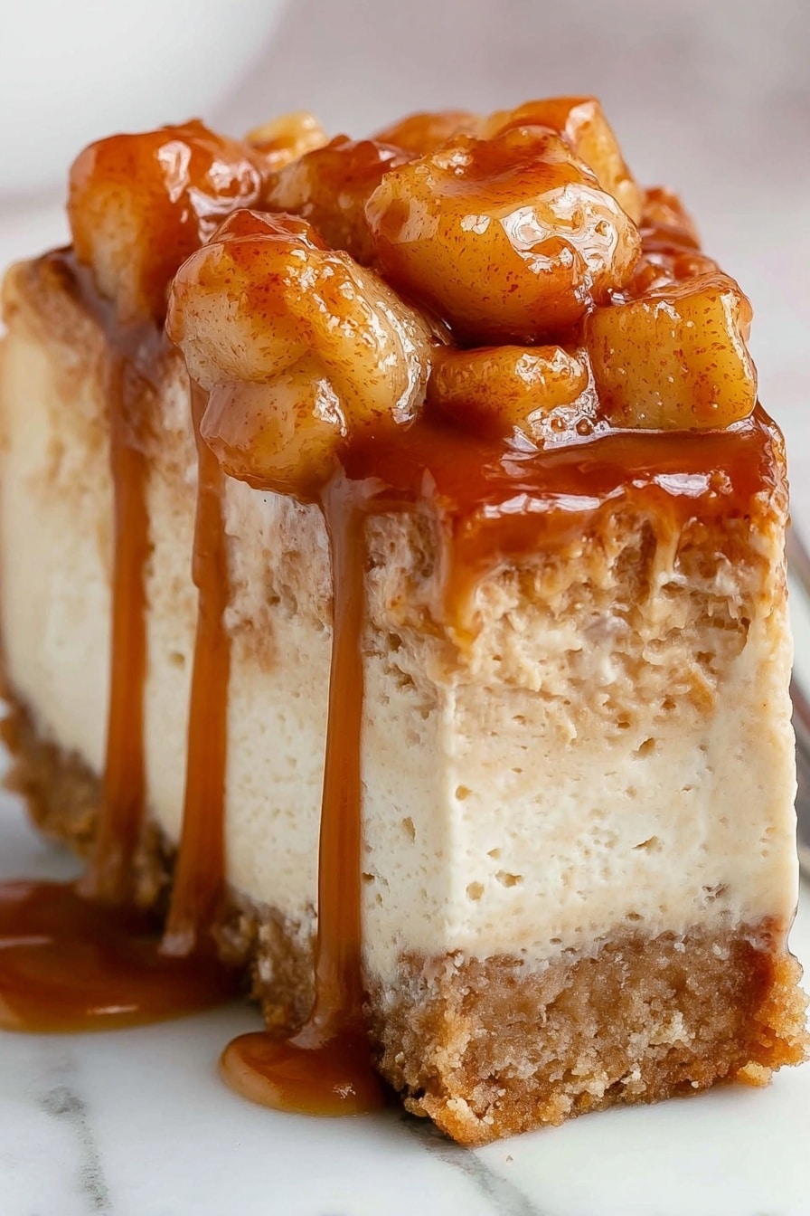 A close-up slice of a dessert with three layers: the bottom layer is a dense, crumbly crust in light brown, the middle layer is a thick, creamy, pale beige filling with a smooth texture, and the top layer has golden brown soft chunks that look like cooked fruit, covered in a glossy caramel sauce dripping down the sides. The dessert is on a white marbled surface. photo taken with an iphone --ar 2:3 --v 7 - Caramel Apple Cheesecake, caramel apple cheesecake, homemade caramel apple cheesecake, best caramel apple cheesecake, holiday caramel apple cheesecake