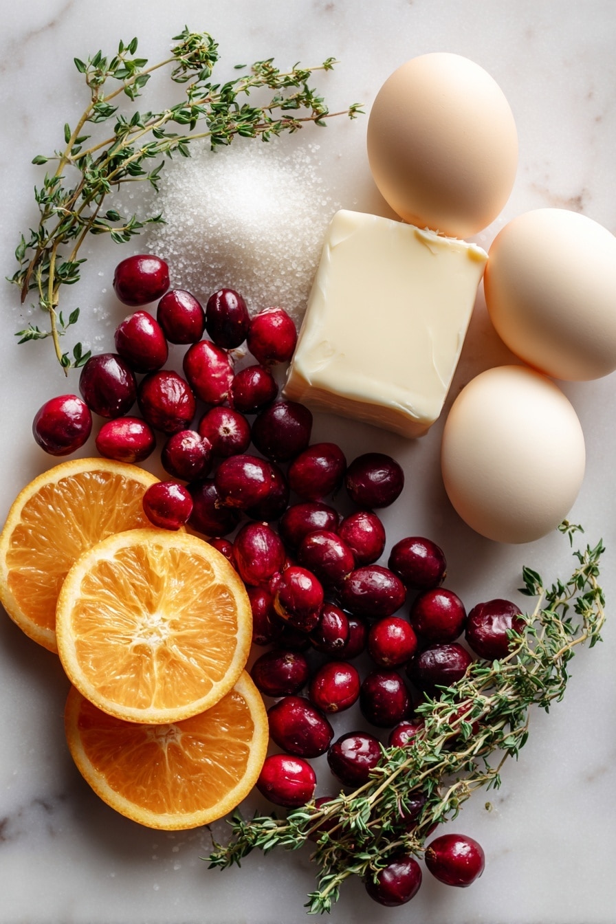 Flat lay of fresh whole cranberries with their deep red color and glossy texture, bright orange halves and thin orange zest strips showing vibrant citrus peel, smooth cream cheese block in soft ivory tone, plump whole eggs with light beige shells, sprigs of fresh green thyme with delicate leaves, and a small mound of granulated sugar sparkling subtly, all beautifully arranged with natural spacing and contrast, placed on white marbled surface, photo taken with an iphone --ar 2:3 --v 7 - Cranberry Orange Cake, Cranberry Orange Cake with Cream Cheese Buttercream, festive citrus cake, easy holiday cake recipe, moist cranberry orange dessert