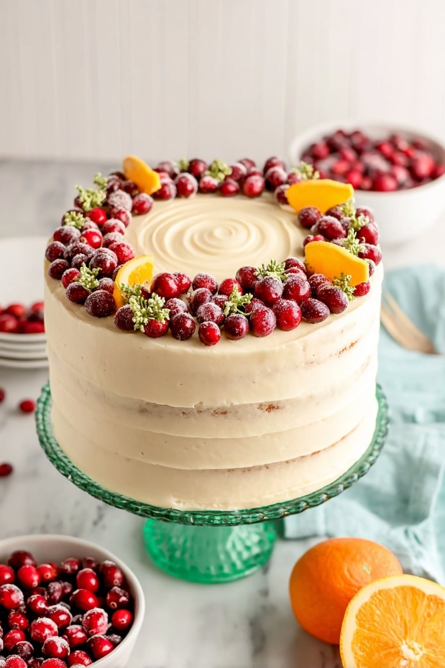 A tall, four-layer cake is covered smoothly with light cream-colored frosting that has subtle horizontal lines on the sides and a spiral swirl on top center. Around the top edge, there is a ring of fresh bright red and dark red cranberries mixed with small green herb sprigs and a few orange slices arranged evenly. The cake is placed on a white marbled surface on a transparent green glass cake stand. Nearby, a white bowl full of fresh red cranberries and a halved bright orange with a light blue cloth beneath it are visible. Photo taken with an iphone --ar 2:3 --v 7 - Cranberry Orange Cake, Cranberry Orange Cake with Cream Cheese Buttercream, festive citrus cake, easy holiday cake recipe, moist cranberry orange dessert