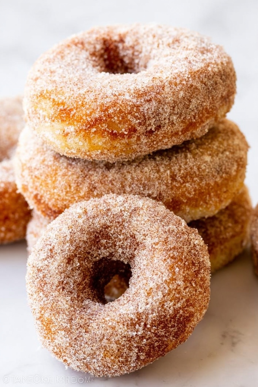 The image shows several round doughnuts with a light brown, crispy outside covered in a layer of sugar. One doughnut is broken in half, showing a soft, light yellow inside with a slightly crumbly texture. The doughnuts are placed directly on a white marbled surface without any plate or bowl. The sugar coating looks grainy and gives a sparkling effect under the light. photo taken with an iphone --ar 2:3 --v 7 - Baked Cinnamon Sugar Donuts, easy baked donuts, cinnamon sugar donut recipe, weekend breakfast donuts, soft baked donuts