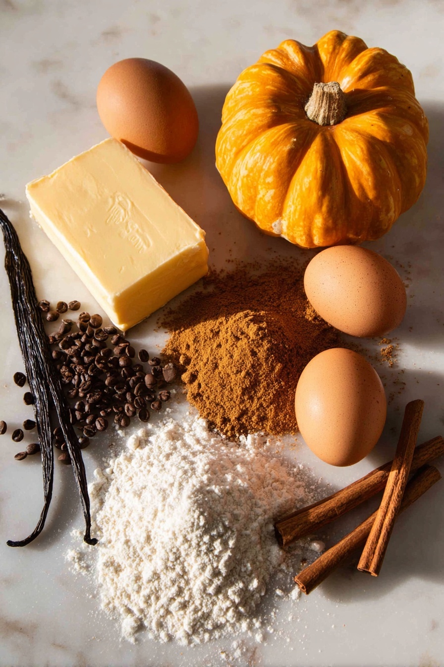 Flat lay of a soft golden block of unsalted butter, a small mound of rich dark brown sugar with sparkling deep amber crystals, a vibrant orange pumpkin with smooth skin beside a scattering of warm brown pumpkin spice powder and ground cinnamon dust, two fresh brown-speckled eggs with shiny shells, a vanilla bean pod with glossy black seeds spilling out, a delicate heap of fine white all-purpose flour, and a few cinnamon sticks with textured bark, all beautifully arranged with natural light and soft shadows, placed on white marbled surface, photo taken with an iphone --ar 2:3 --v 7 - Pumpkin Spice Cookies, fall cookie recipes, holiday baking, soft chewy cookies, pumpkin spice treats