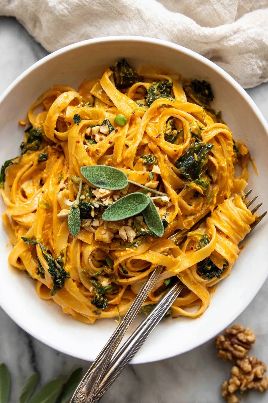 A close-up of a white bowl filled with thick fettuccine pasta coated in a creamy orange sauce, layered with wilted dark green spinach leaves scattered throughout. The pasta is topped with light brown chopped nuts and dark green pumpkin seeds, along with fresh sage leaves placed on top as garnish. A fine sprinkle of grated white cheese is spread evenly over the dish. The bowl sits on a white marbled surface. photo taken with an iphone --ar 2:3 --v 7 - The BEST Pumpkin Pasta, pumpkin pasta recipe, creamy pumpkin pasta, fall pasta dishes, cozy pumpkin pasta