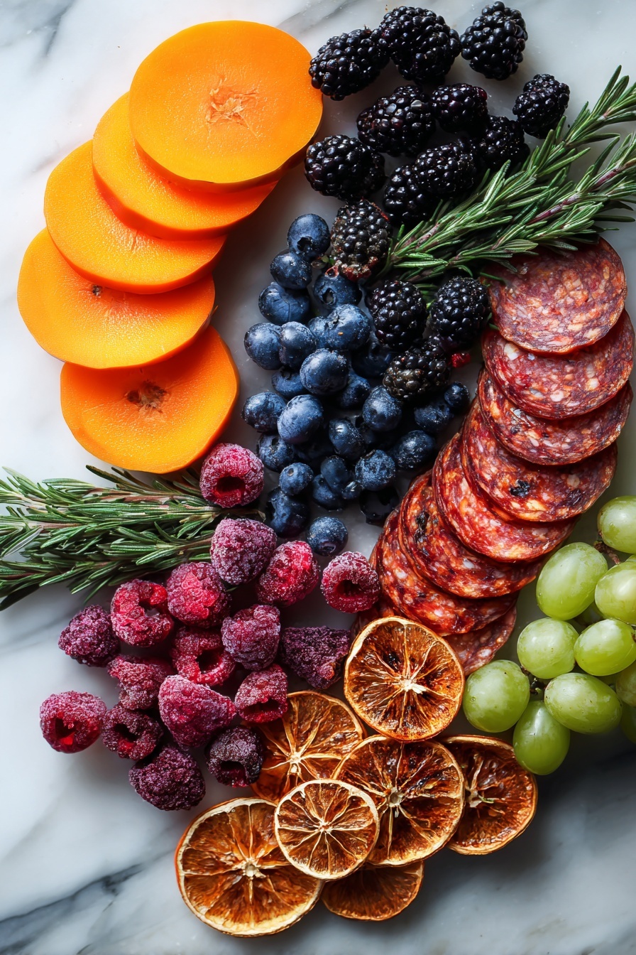 Flat lay of sliced bright orange persimmon wedges with smooth skin, plump deep blue blueberries, glossy dark blackberries, vibrant red raspberries, jewel-like ruby pomegranate quarters glistening with seeds, small clusters of green Thomcord grapes with a matte finish, folded thin slices of rich red and marbled salami, sprigs of fresh green rosemary with needle-like leaves, and cinnamon-hued dried orange slices showing textured rind, all naturally arranged with space between each, placed on white marbled surface, photo taken with an iphone --ar 2:3 --v 7 - Fall Cheese Board, autumn cheese platter, fall appetizer ideas, seasonal cheese board, cozy fall party food