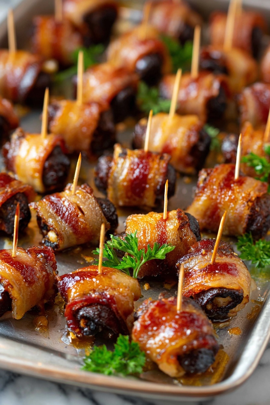 The image shows many small pieces of food neatly arranged on a metal tray with a few green parsley leaves scattered around. Each piece has a dark brown or almost black center, which is wrapped tightly in a shiny, golden-brown layer of cooked bacon held together with a small wooden toothpick. The bacon appears crispy and slightly glistening with moisture. The pieces are closely packed in rows, filling the tray, and the background features a white marbled surface. The overall look is warm and inviting. photo taken with an iphone --ar 2:3 --v 7 - Bacon-Wrapped Dates with Goat Cheese and Maple Syrup, easy appetizer recipes, festive holiday appetizers, savory sweet appetizer ideas, crowd-pleasing party snacks