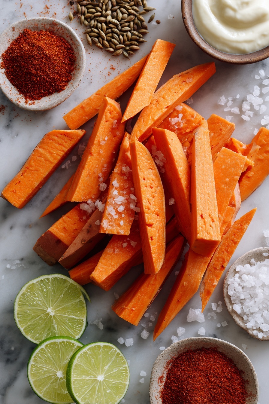 Flat lay of bright orange sweet potatoes cut into sticks with smooth deep orange skin and vibrant flesh, scattered with coarse kosher salt crystals; a small heap of reddish-brown chipotle powder and chili powder with a fine, dusty texture; fresh green lime halves showing juicy, textured pulp; a dollop of creamy white mayonnaise subtly glossy with a silky texture; a sprinkle of paprika in warm red tones; aromatic cumin seeds in warm brown shades; all ingredients naturally arranged with a balance of color and texture, placed on white marbled surface, photo taken with an iphone --ar 2:3 --v 7 - Sweet Potato Fries with Chipotle Lime Dipping Sauce, sweet potato fries, chipotle lime dip, smoky spicy sauce, flavorful fry dipping
