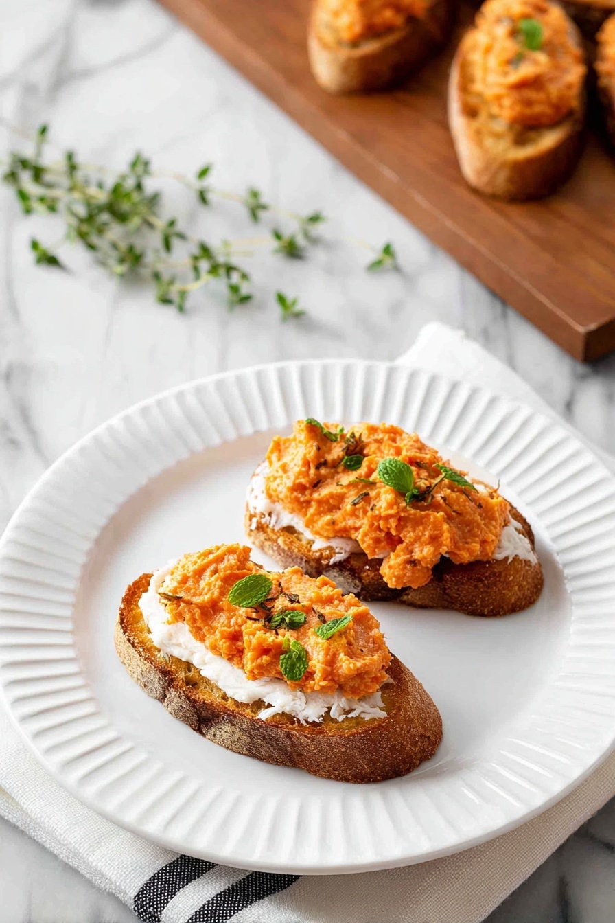 The image shows two pieces of toasted bread with three layers on top, placed on a white plate with ridged edges. The bottom layer is golden brown toasted bread with a crispy texture, the middle layer is a soft white cheese spread evenly, and the top layer is an orange spread that looks like mashed vegetables garnished with small green mint leaves. In the background, there is a wooden board with more of the same bread pieces arranged on it, all on a white marbled surface, with a small sprig of green herbs near the plate. A white cloth with a black stripe is partly visible under the plate. Photo taken with an iphone --ar 2:3 --v 7 - Butternut Squash Crostini with Honey and Mint, roasted butternut squash appetizers, easy vegetarian crostini, gourmet fall appetizers, honey mint crostini