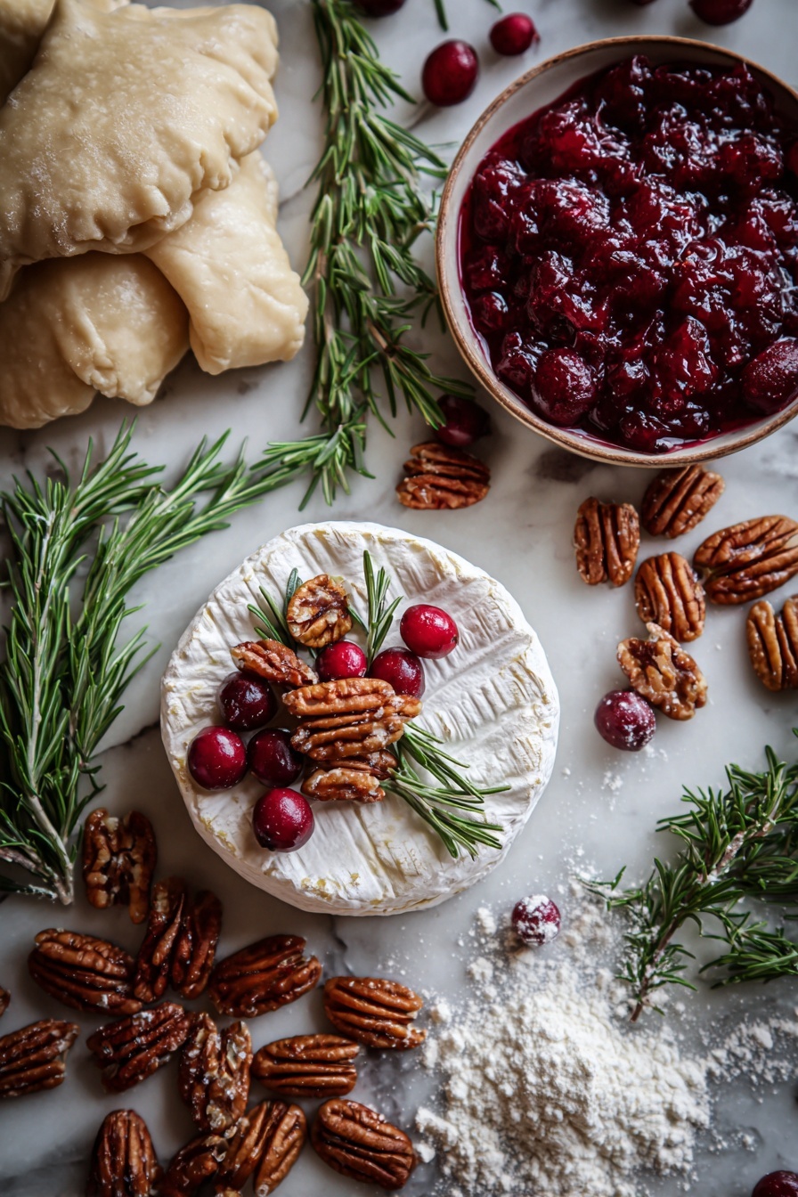 Flat lay of a creamy wheel of brie cheese with a smooth white rind, glossy deep red whole cranberries clustered in fresh cranberry sauce, rich brown roasted pecans with textured ridges, bright green fresh rosemary sprigs with needle-like leaves, soft beige crescent dough rolled out with a slightly flaky surface, and a dusting of fine white flour scattered gently around, all beautifully arranged in a natural, inviting way, placed on white marbled surface, photo taken with an iphone --ar 2:3 --v 7 - Cranberry Brie Bites, easy holiday appetizers, savory pastry bites, festive canapé recipes, Brie cheese appetizer