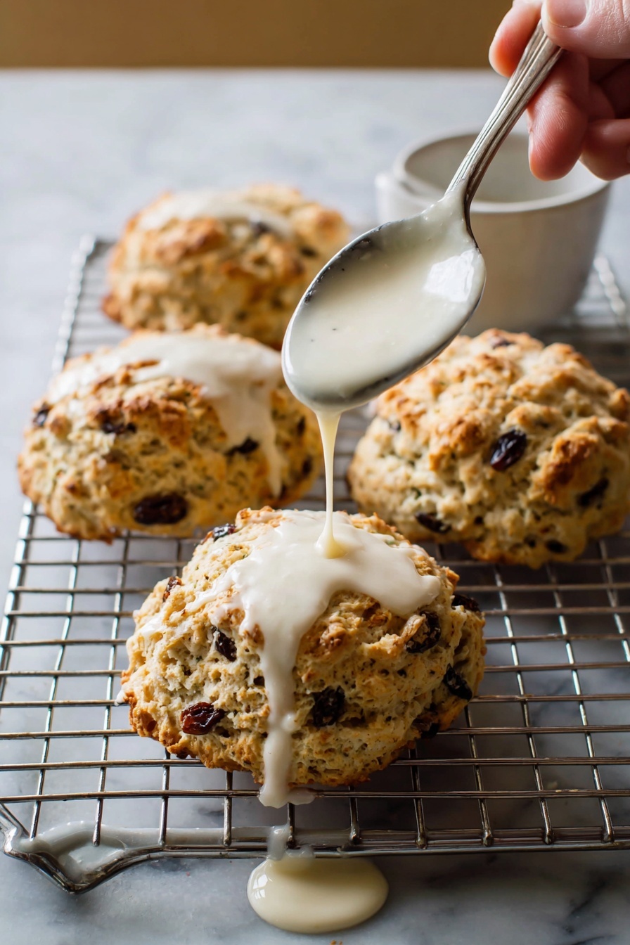 A baking tray with a white marbled surface holds a metal cooling rack with four golden-brown scones full of dark raisins. A woman's hand is holding a white spoon dripping thick, creamy white icing over the middle scone, with some icing falling onto the metal rack and the white marbled surface below. The scones have a rough texture with visible raisins, showing a contrast between the dry crumbly top and the shiny, smooth glaze dripping down. Photo taken with an iphone --ar 2:3 --v 7 - Glazed Oatmeal Maple Scones with Pecans & Currants, hearty oatmeal scones with maple glaze, easy scone recipe with pecans and currants, breakfast scones with maple, gluten-free oatmeal scones