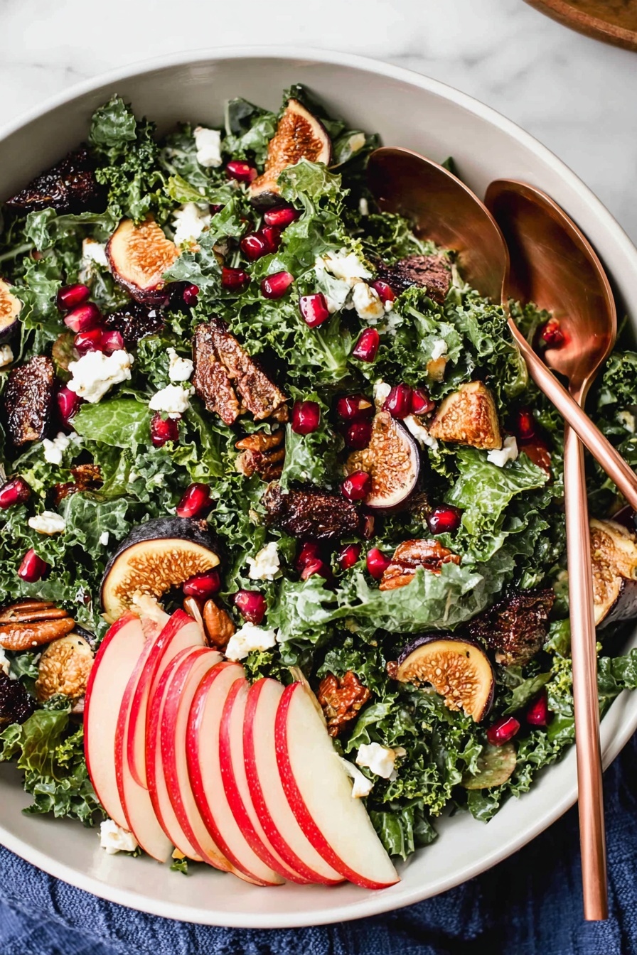 A large white bowl holds a fresh salad with three main layers: the base is bright green kale leaves with curly edges, on top are scattered dark brown pecans, small pieces of brown dried figs, and bright red pomegranate seeds. There are small white crumbles of cheese sprinkled evenly around the salad. On one side of the bowl, thin slices of red apple with light cream flesh are arranged in a fan shape. Two bronze salad forks rest inside the bowl on the right side. The bowl sits on a white marbled surface with small bowls of fig pieces, white cheese, and pomegranate seeds around it. Photo taken with an iphone --ar 2:3 --v 7 - Fall Harvest Kale Salad with Apple, Figs, Pomegranate, and Toasted Pecans, seasonal kale salad with apple and fig, autumn fruit and nut salad, healthy fall kale salad, easy autumn salad recipes
