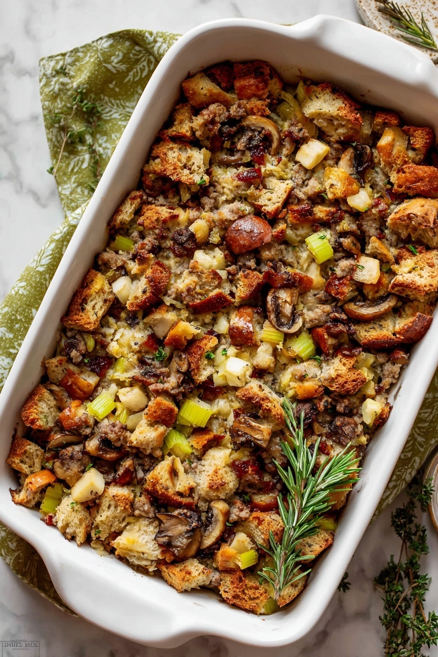 This image shows a close-up of a warm dish in a white ceramic baking dish filled with stuffing. The stuffing has several layers made of golden-brown toasted bread cubes, light beige sausage chunks, light yellow diced apples, dark brown mushrooms, and small green celery pieces. There are also some bright red dried cranberries spread on top adding color. The texture looks slightly crumbly with a mix of soft and crunchy bits. A silver spoon with a decorative handle scoops some stuffing from the dish. The background surface is white marble. photo taken with an iphone --ar 2:3 --v 7 - Sausage and Herb Stuffing with Apples and Cranberries, Thanksgiving stuffing recipes, holiday stuffing ideas, savory sausage stuffing, fall side dish recipes