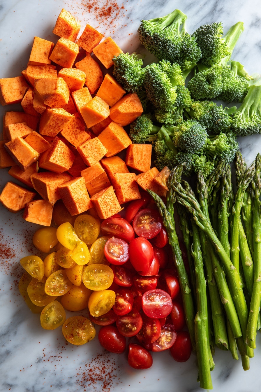 Flat lay of vibrant orange sweet potato cubes, bright green broccoli florets, fresh green asparagus spears cut into pieces, and colorful halved cherry tomatoes in red, yellow, and orange hues, all scattered gracefully with a few sprinkles of smoked paprika and granulated garlic powder visible on the vegetables, placed on a white marble surface, photo taken with an iphone --ar 2:3 --v 7 - Sheet Pan Roasted Vegetables, roasted vegetable recipes, easy vegetable side dish, healthy roasted vegetables, colorful roasted veggies