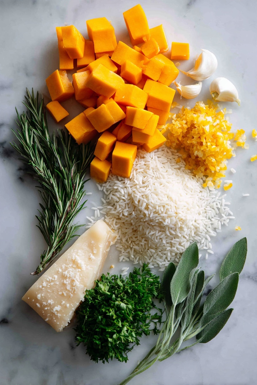 Flat lay of vibrant cubed butternut squash, finely chopped yellow onion, fresh garlic cloves, delicate sprigs of rosemary, uncooked Arborio rice grains, a small bunch of bright green parsley leaves, and a pile of grated pale pecorino cheese, arranged beautifully with a few glossy sage leaves scattered around, placed on a white marble surface, photo taken with an iphone --ar 2:3 --v 7 - Butternut Squash Risotto, easy butternut squash risotto, comforting vegetarian dinner, fall-inspired risotto recipe, creamy butternut squash rice