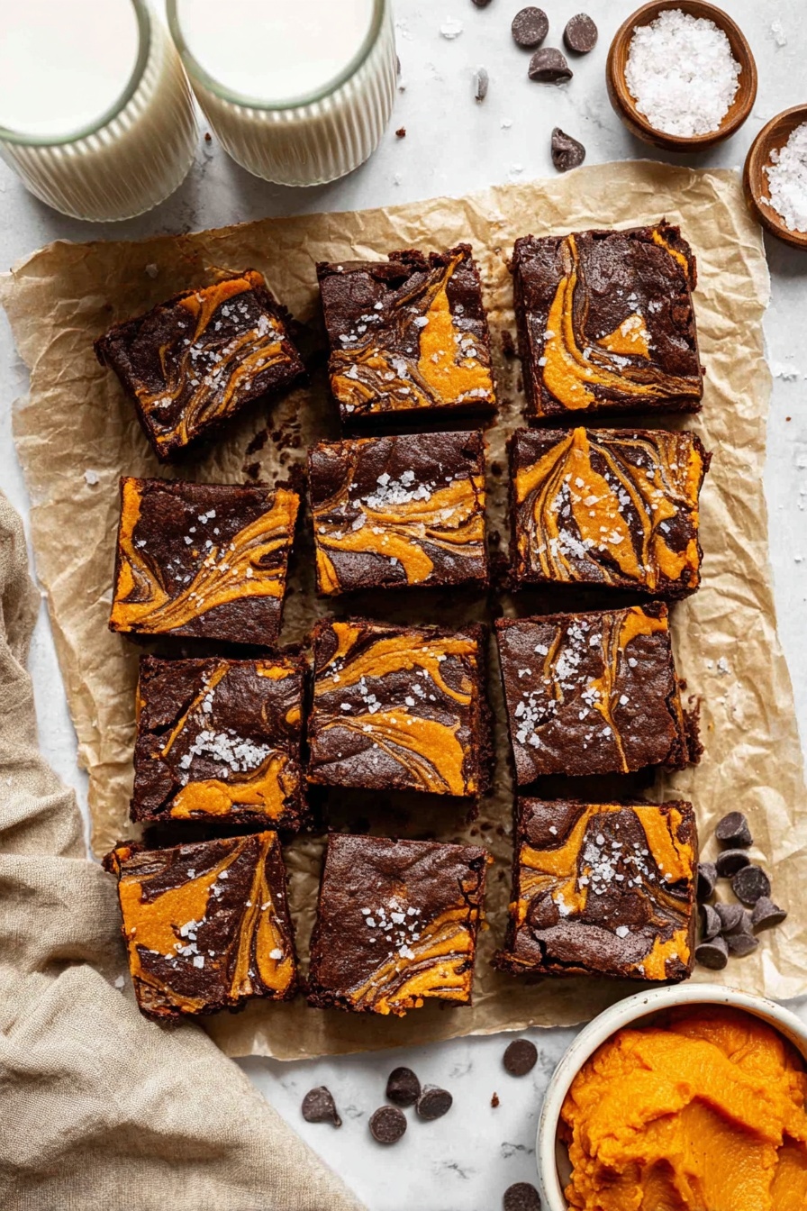 A collection of 18 square brownies sliced evenly and laid out in a grid on crumpled parchment paper over a white marbled surface. Each brownie has two visible layers: a thick dark brown chocolate base with a slightly crinkled texture and swirled orange pumpkin layers on top, creating a marbled effect. Specks of flaky white salt are sprinkled across the tops of the brownies, adding texture and contrast. Around the brownies are scattered dark chocolate chips for decoration. Near the bottom right is a small white bowl filled with bright orange pumpkin puree. Two tall glasses of milk with ridged texture stand on the top left and right sides, and a small white bowl containing coarse salt sits at the upper right corner. A beige linen napkin is partially folded on the left edge. Photo taken with an iphone --ar 2:3 --v 7 - Pumpkin Cream Cheese Swirled Brownies, pumpkin brownies with cream cheese swirl, decadent fall brownies, chocolate pumpkin dessert, easy pumpkin brownie recipe