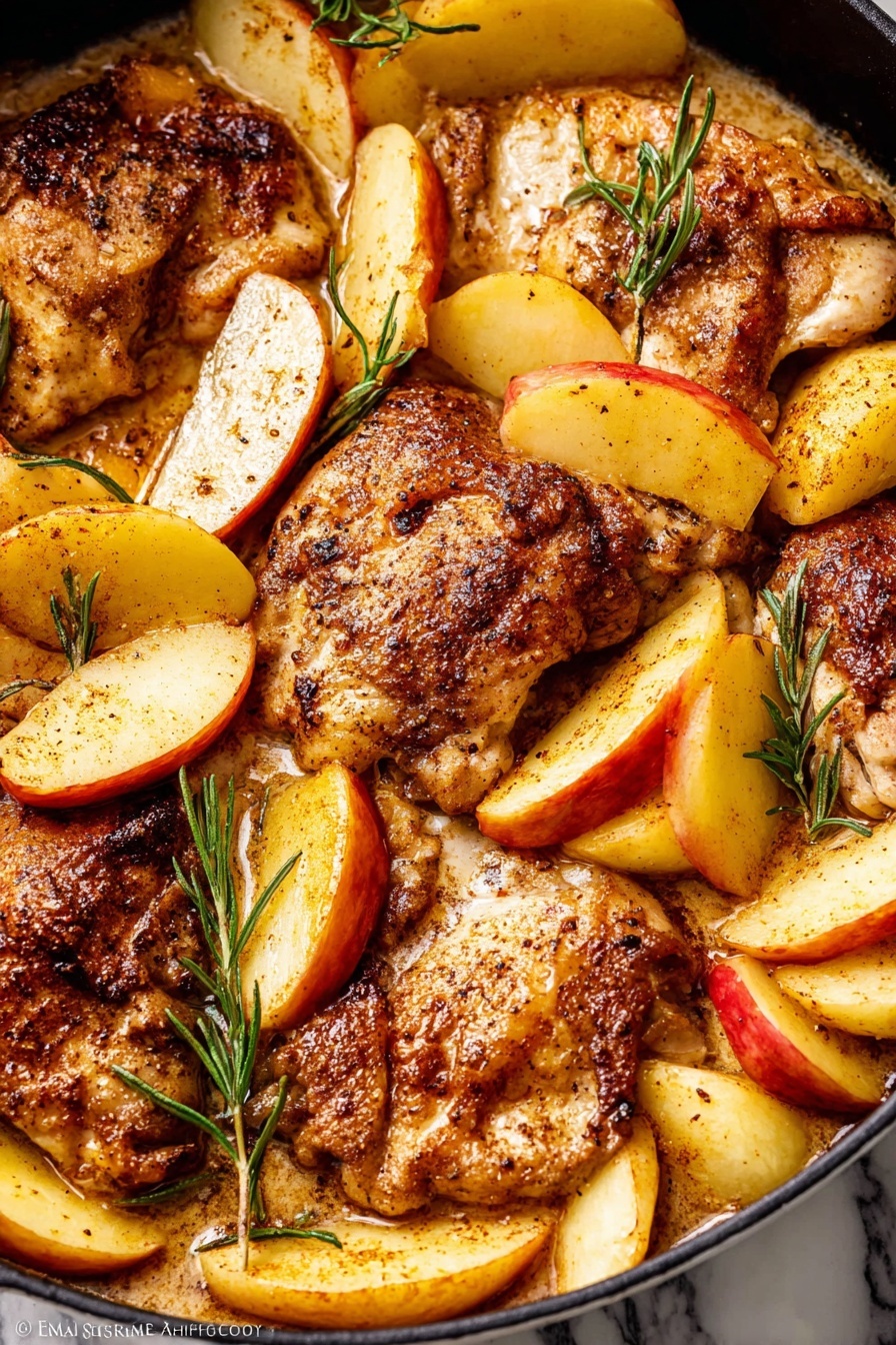 A white ridged plate holds three main layers: at the bottom, a layer of golden-brown cooked apple slices scattered with a shiny sauce; on the left and bottom right sides, two pieces of grilled chicken with a slightly dark, crispy texture, topped with small translucent cooked onions and garnished with sprigs of fresh green rosemary; on the top right side, a pile of bright green cooked green beans with a smooth, glossy surface. A fork with a wooden handle rests on the left side of the plate, holding a piece of the chicken. The dish is laid on a white marbled surface with a floral cloth in the top right corner. Photo taken with an iphone --ar 2:3 --v 7 - Skillet Apple Cider Chicken, apple cider chicken skillet, easy apple cider chicken recipe, fall dinner ideas with chicken, one-skillet chicken dinner