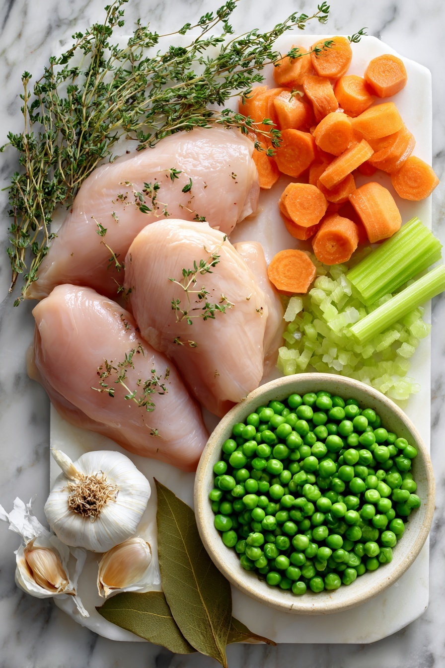 Flat lay of boneless skinless chicken breasts, chopped onion, bright orange peeled and chopped carrots, fresh celery stalks, vibrant green peas, sprigs of fresh thyme, whole garlic cloves, dried oregano sprinkled artistically, and a single bay leaf, all beautifully arranged on a clean white marble surface, photo taken with an iphone --ar 2:3 --v 7 - Chicken and Dumplings Variations, hearty chicken and dumplings, easy chicken stew, comfort food recipes, slow cooker chicken and dumplings