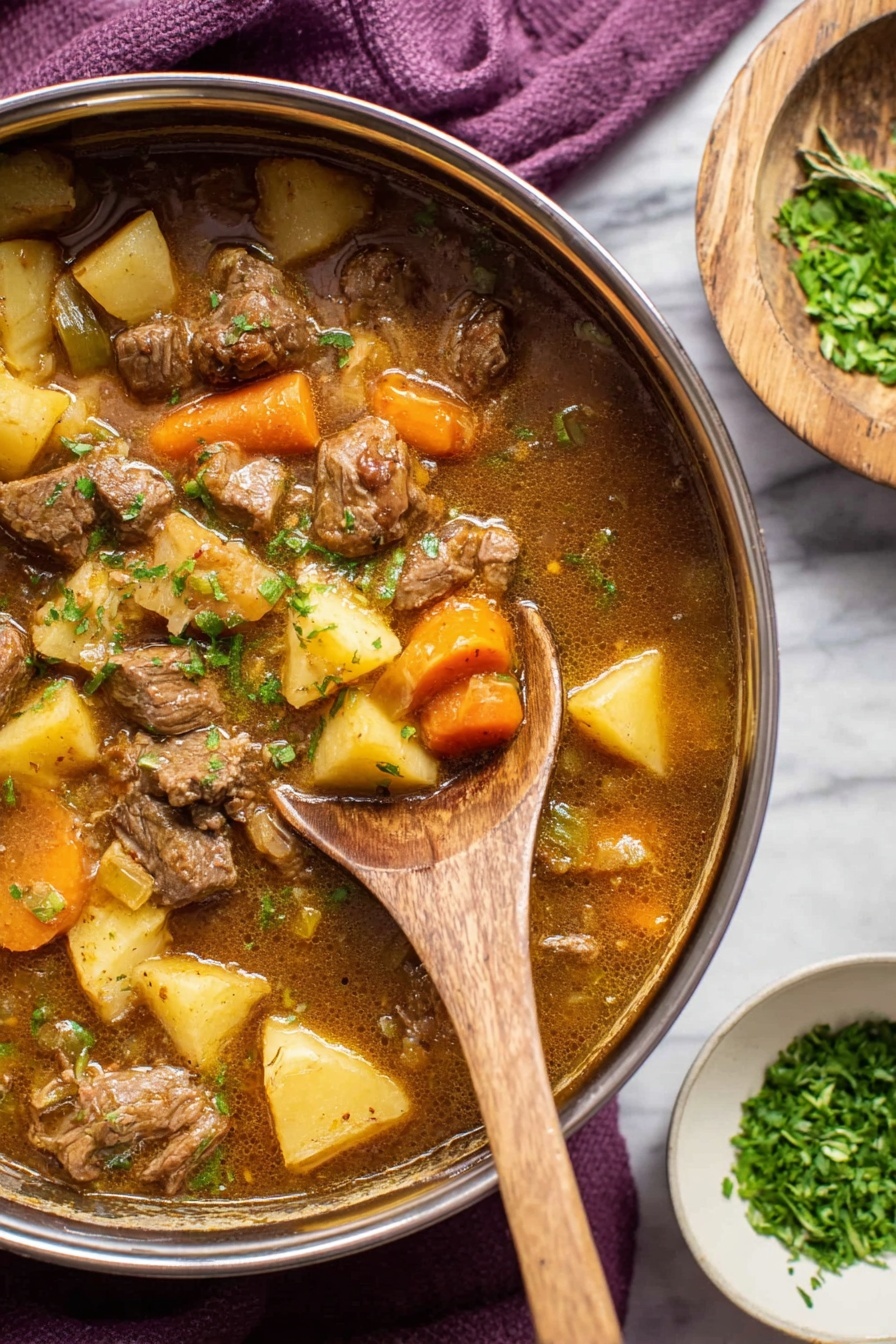 A close-up view of a large pot filled with beef stew, showing three main layers: the top layer is made of light brown chunks of beef, orange baby carrots, and pale yellow potato pieces scattered evenly; the middle layer is a rich brown broth with visible herbs; the bottom layer is thick and slightly glossy with a smooth texture. A wooden spoon lifts a mix of beef, potatoes, carrots, and green herbs from the pot. To the right of the pot, a small white bowl holds chopped green herbs, and the background surface is white marbled with a purple cloth partially visible. Photo taken with an iphone --ar 2:3 --v 7 - Easy Beef Stew, hearty beef stew, simple beef stew recipe, comforting beef stew, slow cooker beef stew