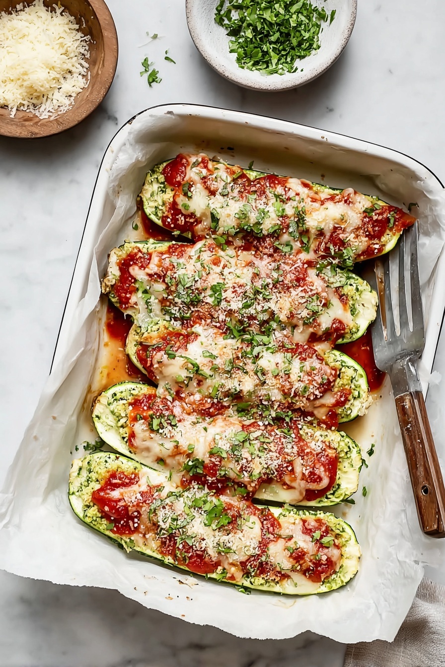 The dish shows a white baking pan lined with parchment paper holding five zucchini halves arranged side by side. Each zucchini half is filled with a green mixture at the bottom layer, topped with bright red tomato sauce scattered unevenly. The top layer is a thick, melted layer of white cheese covering the zucchini and sauce. Small bits of chopped green herbs and grated white cheese are sprinkled over the melted cheese, adding specks of color. The pan is placed on a white marbled surface, with a small white plate of chopped fresh herbs partially visible at the top left corner. Photo taken with an iphone --ar 2:3 --v 7 - Lasagna Stuffed Zucchini Boats, healthy zucchini lasagna, low-carb zucchini recipes, vegetarian zucchini boats, cheesy zucchini boats