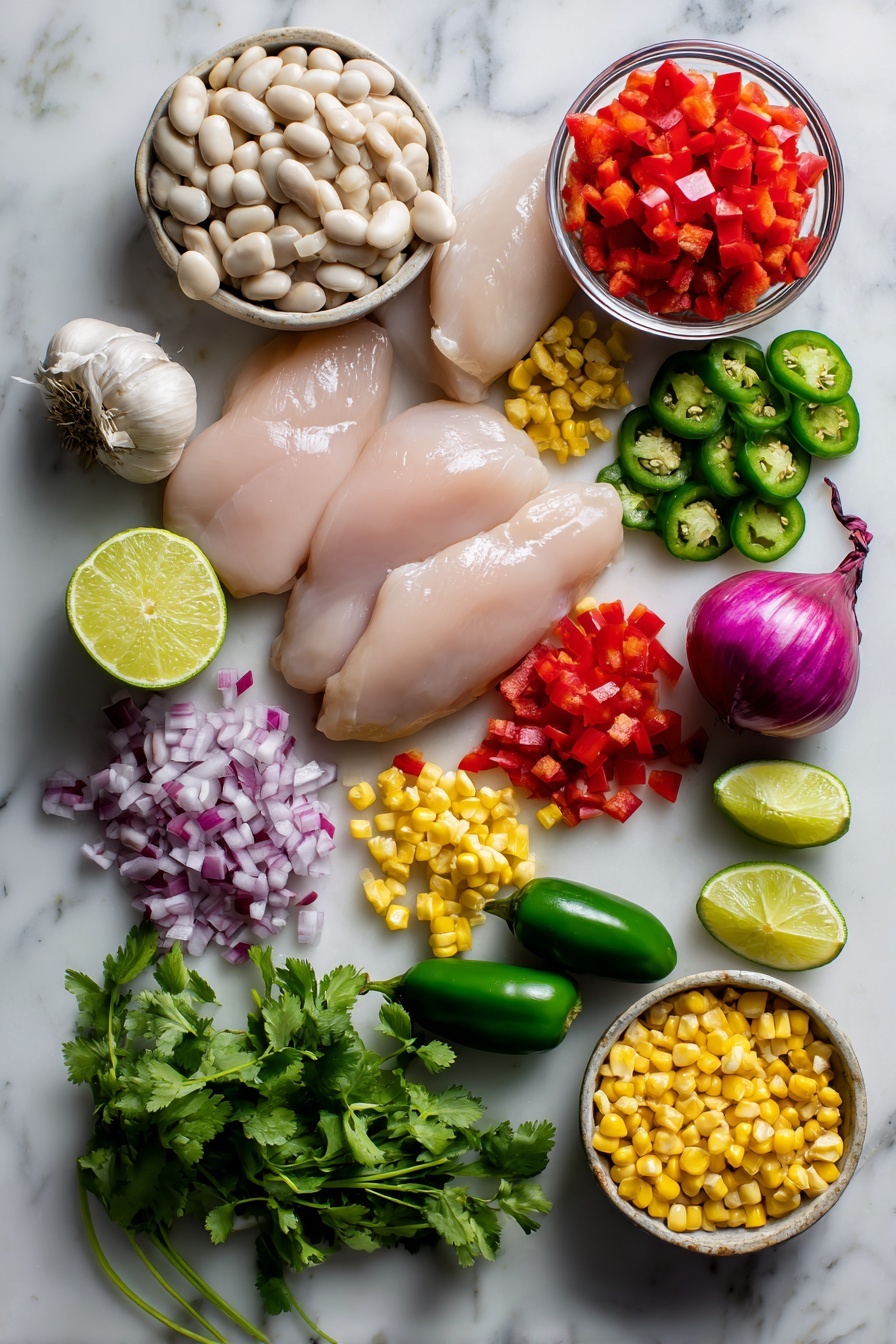 Flat lay of fresh boneless skinless chicken breasts, plump white beans drained and rinsed, bright red diced bell pepper, vibrant green jalapeño slices, whole garlic cloves, a halved fresh lime with juice visible, golden sweet corn kernels, a small chopped yellow onion, and fresh cilantro sprigs, all beautifully arranged with natural light highlighting their colors and textures, placed on a white marble surface, photo taken with an iphone --ar 2:3 --v 7 - White Bean Chicken Chili, hearty chicken chili with white beans, easy chicken and white bean chili recipe, comforting chicken chili meal, quick chicken chili dinner