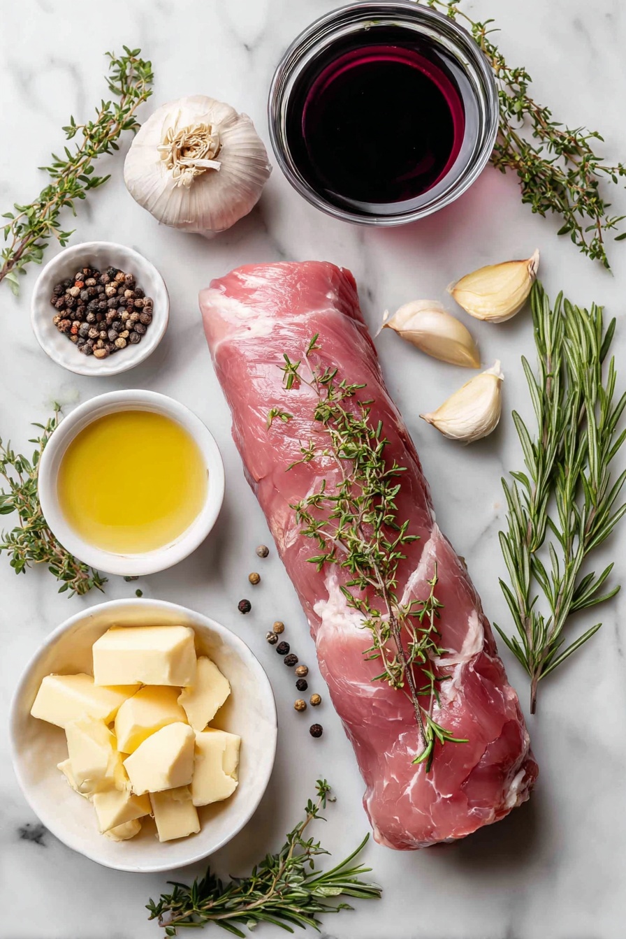 Flat lay of a raw pork tenderloin surrounded by fresh rosemary sprigs, thyme stems, whole black peppercorns, peeled garlic cloves, a finely chopped shallot, a small pool of deep red port wine, and chunks of cold butter, all beautifully arranged on a white marble surface, photo taken with an iphone --ar 2:3 --v 7 - Herb Crusted Pork Tenderloin with Port Wine Sauce, pork tenderloin recipes, elegant pork dishes, port wine sauce recipes, easy gourmet pork dinner