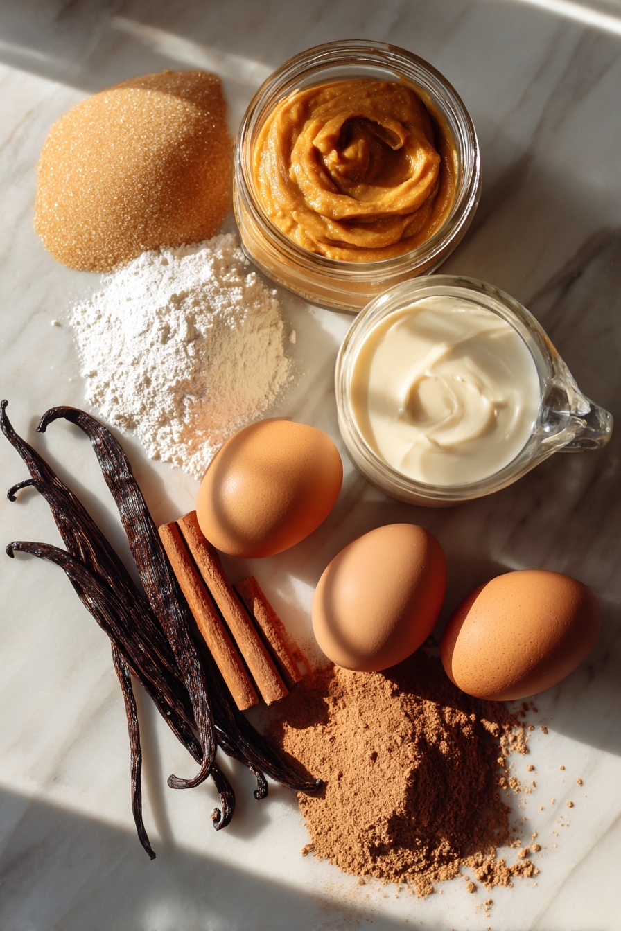 Flat lay of smooth pumpkin puree in a small glass jar, golden light brown sugar piles with a soft texture, a couple of whole cinnamon sticks, whole eggs with shiny brown shells, creamy heavy cream in a small clear jug, plump vanilla beans with a deep brown color, a heap of fine granulated sugar, and a small mound of cornstarch powder, all beautifully arranged with warm natural light highlighting their rich colors and textures, placed on a white marble surface, photo taken with an iphone --ar 2:3 --v 7 - Pumpkin Pie Bars, pumpkin dessert, fall dessert recipes, easy pumpkin bars, Spiced Pumpkin Bars