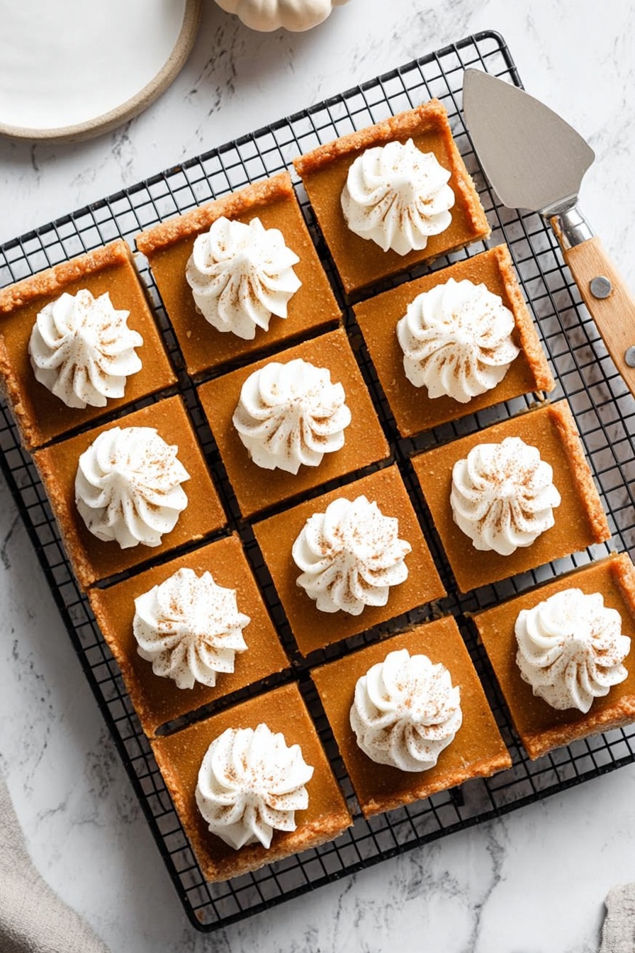 The image shows square pumpkin dessert bars arranged neatly on a white marbled surface, each bar having two layers with a smooth orange-brown pumpkin layer on top and a lighter tan cake layer beneath. On the top center of each square is a swirl of white whipped cream, accented with a light sprinkle of cinnamon powder. The bars are evenly spaced and the texture of the pumpkin layer appears soft and creamy, while the bottom layer looks fluffy. photo taken with an iphone --ar 2:3 --v 7 - Pumpkin Pie Bars, pumpkin dessert, fall dessert recipes, easy pumpkin bars, Spiced Pumpkin Bars