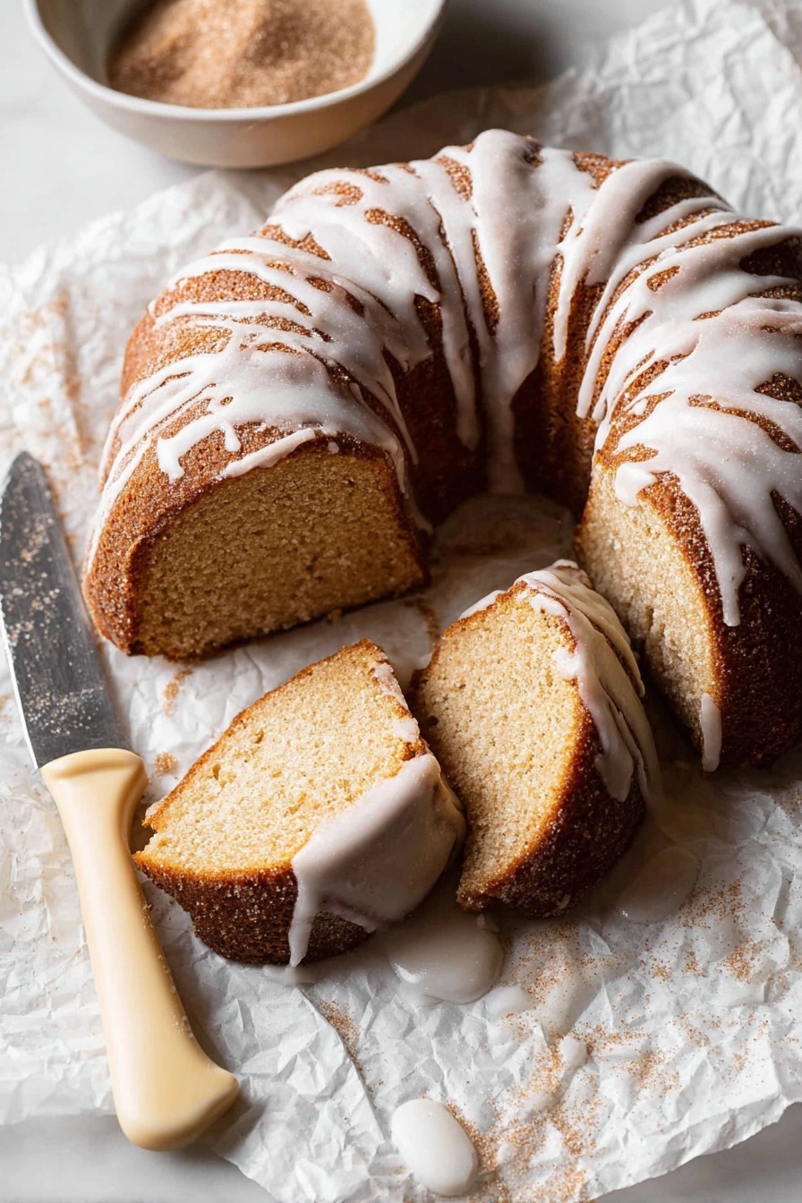 The image shows a round, golden-brown bundt cake with six thick ridged sections, covered with white icing that drips unevenly down the sides and edges. The cake is lightly dusted with powdered sugar, adding texture to the crust. It sits on white parchment paper over a white marbled surface. Next to the cake on the right is a white bowl filled with powdered sugar, and a knife with a white handle lies beside the bowl. Above the cake on the left is a small white pitcher, standing on the same white marbled surface. photo taken with an iphone --ar 2:3 --v 7 - Apple Cider Bundt Cake, fall dessert recipes, spiced apple cake, cozy autumn treats, easy bundt cake recipes