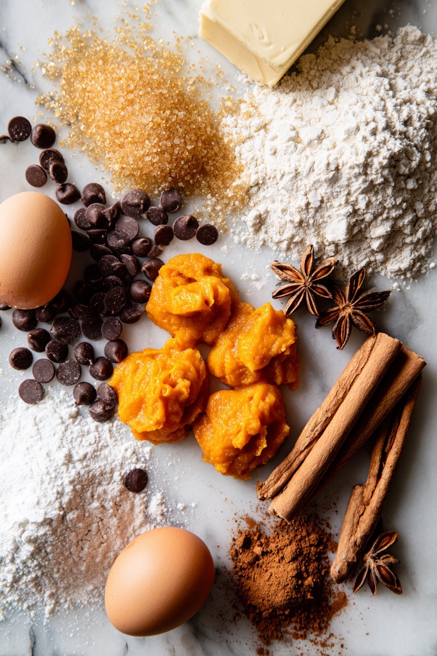 Flat lay of bright orange pumpkin puree dollops, glossy semi-sweet chocolate chips scattered around, a smooth stick of unsalted butter, warm brown sugar in a small mound, golden granulated sugar crystals catching the light, a cracked egg yolk resting in its shell half, a neat pile of pale all-purpose flour, and a selection of warm spices including cinnamon sticks, star anise, and ground ginger dusts arranged artistically, all placed on a white marble surface, photo taken with an iphone --ar 2:3 --v 7 - Pumpkin Chocolate Chip Bars, fall dessert recipes, pumpkin bar recipe, chocolate chip pumpkin bars, easy pumpkin bars