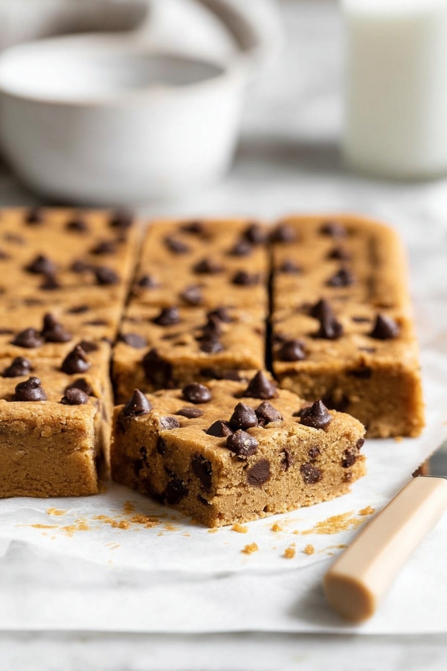 The image shows a close-up of a square pan of thick, golden-brown cookie bars with a soft texture, each piece cut into even squares. The top layer is dotted with dark chocolate chips that are scattered evenly, some appearing shiny and slightly melted. The inside of the bars reveals chocolate chips embedded throughout the dough, adding a speckled dark contrast against the warm brown base. The bars rest on white parchment paper with some crumbs around the edges. In the background, there is a white bowl with a blurred white marbled surface under it, and a beige-handled knife is partially visible on the right edge. Photo taken with an iphone --ar 2:3 --v 7 - Pumpkin Chocolate Chip Bars, fall dessert recipes, pumpkin bar recipe, chocolate chip pumpkin bars, easy pumpkin bars