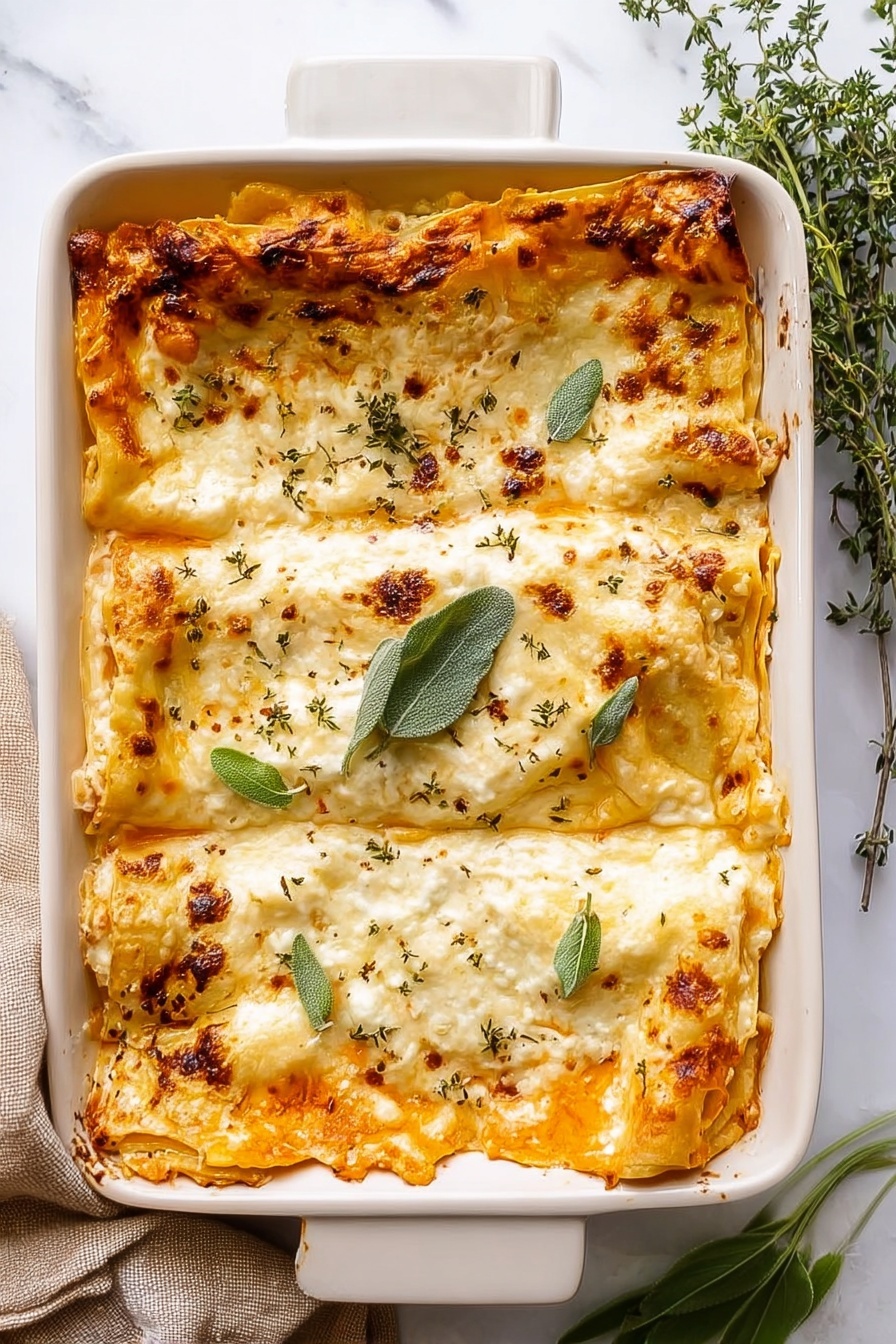 A square piece of lasagna sits on a white plate with a thin blue rim, placed on a white marbled surface. The lasagna has about four visible layers: the top layer is a light golden cheese with small bits of herbs scattered on it and a fresh green leaf on top; beneath it are layers of creamy white sauce and pasta sheets, with chunks of soft orange squash or pumpkin visible in the middle layers. The edges of the lasagna are slightly browned, and the texture looks rich and smooth. Part of a white baking dish with more lasagna is seen blurred in the background. photo taken with an iphone --ar 2:3 --v 7 - Butternut Squash Lasagna with Sage, vegetarian butternut squash lasagna, autumn squash lasagna recipe, creamy sage lasagna, cozy fall dinner ideas