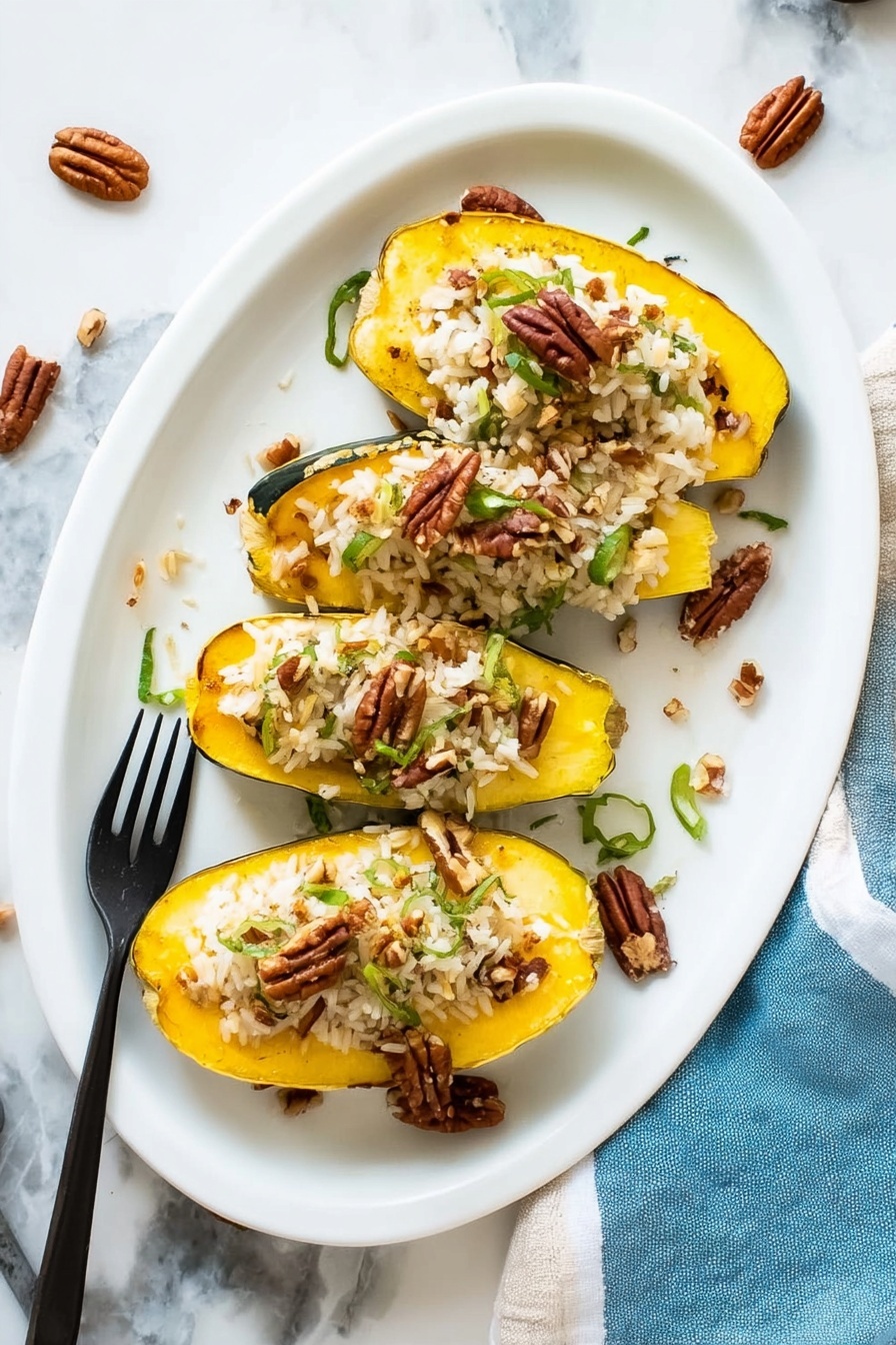 The image shows three slices of bright yellow acorn squash arranged in a row on a white plate. Each squash slice is filled with a cooked rice mix that is light brown in color with bits of green vegetables and scattered dark brown pecans on top and around the plate. The plate sits on a white marbled surface, accompanied by a blue and white cloth napkin and green leaves nearby. photo taken with an iphone --ar 2:3 --v 7 - Stuffed Acorn Squash with Herbed Rice Pecans and Cheese, Acorn Squash Stuffed with Herbed Rice and Pecans, Easy Stuffed Acorn Squash Recipe, Cozy Baked Acorn Squash, Nutty Acorn Squash Dinner