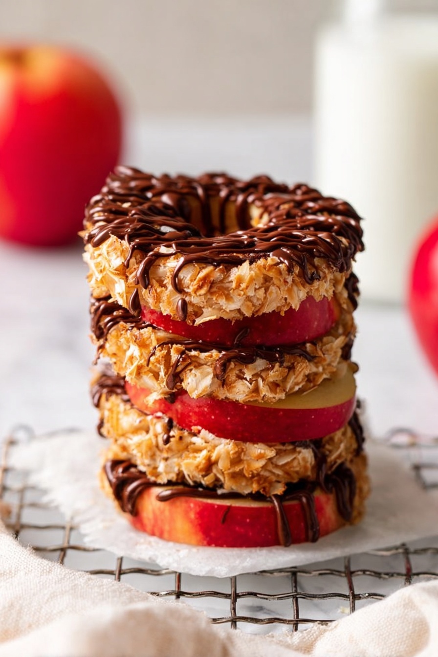 A stack of four round apple slices lies on a white marbled surface, each slice topped with a golden shredded coconut layer that adds a rough texture. The coconut layers look sticky and are drizzled with smooth, dark chocolate sauce in thin lines, mainly over the top apple slice. The apple slices show red skin with hints of yellow and have a slightly shiny appearance. The stack is on a silver cooling rack. In the background to the left, there is a red apple, and to the right is a blurred glass bottle with white liquid. A soft white cloth is partially visible under the rack on the left side. photo taken with an iphone --ar 2:3 --v 7 - Apple Samoas, apple samoas snack, healthy samoa-style treats, easy apple desserts, nutty fruit snacks