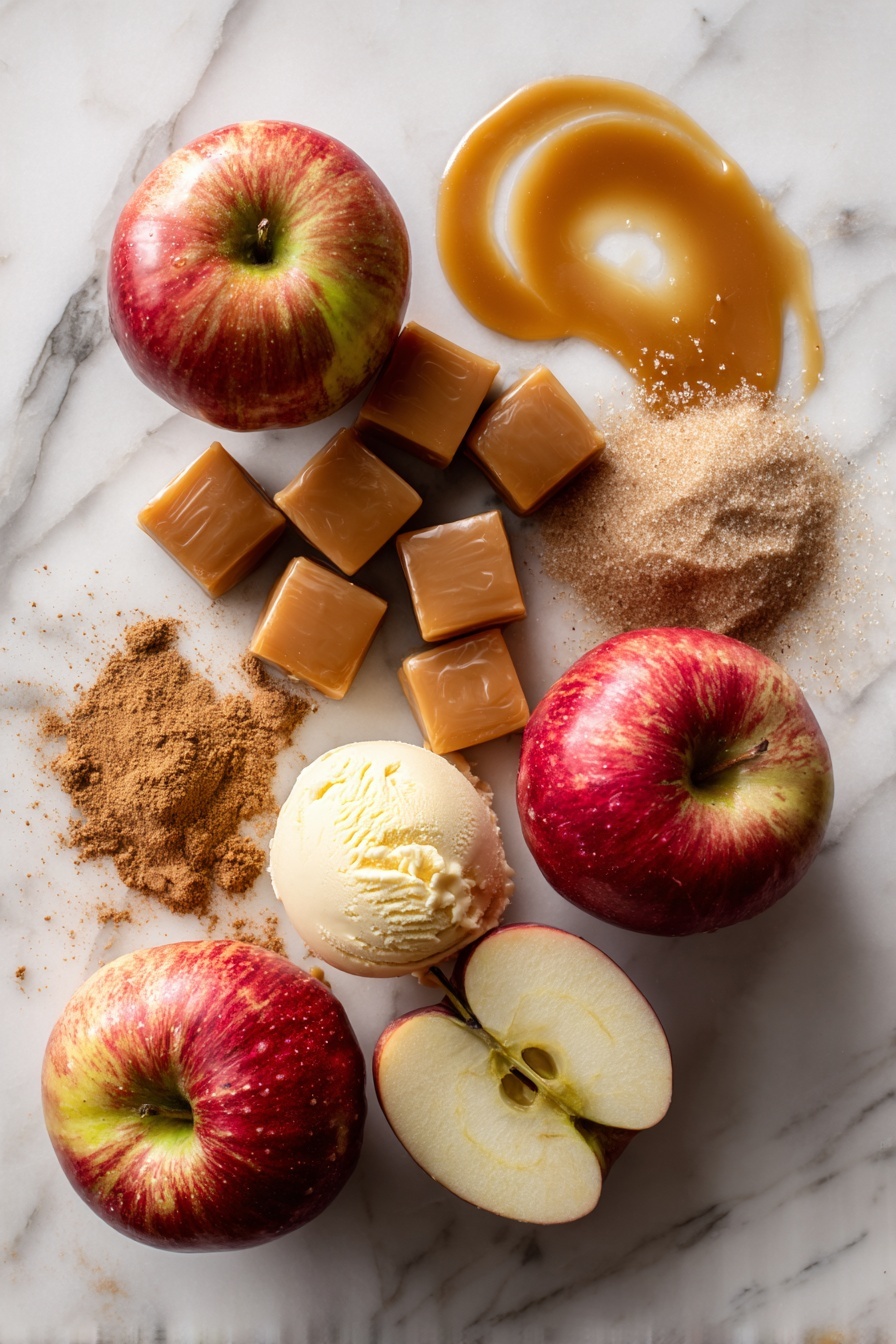 Flat lay of four firm, crisp Honeycrisp apples, eight chewy caramel squares slightly unwrapped, a small pile of packed brown sugar, granulated sugar scattered gently, a sprinkle of ground cinnamon forming a soft mound, melted golden butter pooling artfully, a scoop of creamy vanilla ice cream with a smooth texture, and a small drizzle of rich caramel sauce creating a glossy swirl—all beautifully arranged on a white marble surface, photo taken with an iphone --ar 2:3 --v 7 - Caramel-Stuffed Bloomin’ Apples, baked caramel stuffed apples, easy caramel apple dessert, cinnamon baked apples, fruity caramel dessert