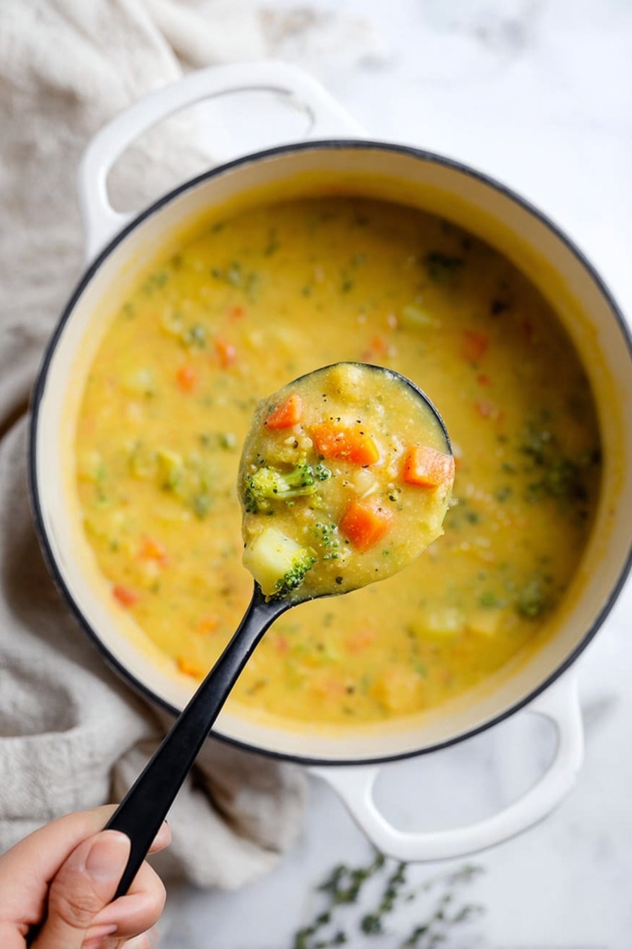 A close-up shot of a large white pot with two handles filled with thick yellow soup mixed with visible small chunks of orange carrots, green broccoli pieces, and white potato cubes. A black spoon is held by a woman's hand, lifting a spoonful of the soup in front of the pot, showing the creamy texture and colorful vegetable bits. The background surface is a white marbled texture with a light-colored cloth on the left side. photo taken with an iphone --ar 2:3 --v 7 - Broccoli Potato Cheese Soup, hearty broccoli potato cheese soup, cheesy vegetable soup, creamy broccoli potato soup, quick easy cheese soup