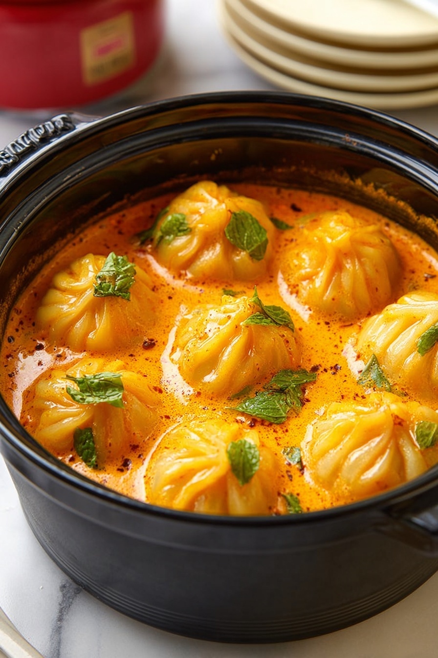 The image shows a close-up of a white spoon lifting one round, orange dumpling from a black pot filled with several similar dumplings in bright orange sauce. Each dumpling has a pleated top and a shiny texture, with visible oil glistening on their surface. Small green leaves are scattered on and around the dumplings, adding contrast. The black pot rests on a black stand, and the background features a white marbled texture. The photo taken with an iphone --ar 2:3 --v 7 - Soup Dumplings in Creamy Gochujang Sauce, spicy dumpling recipes, Korean-inspired soup dumplings, quick Asian appetizer, flavorful dumpling dishes