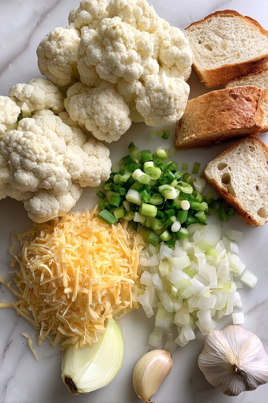 Flat lay of fresh cauliflower florets, a whole head of garlic with the top cut off exposing cloves, a diced yellow onion, a heaping pile of shredded sharp cheddar cheese, bright sliced green onions, and a few slices of crusty sourdough bread, all beautifully arranged on a white marble surface, photo taken with an iphone --ar 2:3 --v 7 - Roasted Garlic Cheddar Cauliflower Soup, creamy cauliflower soup, roasted garlic soup, cheesy cauliflower recipe, healthy vegetable soup
