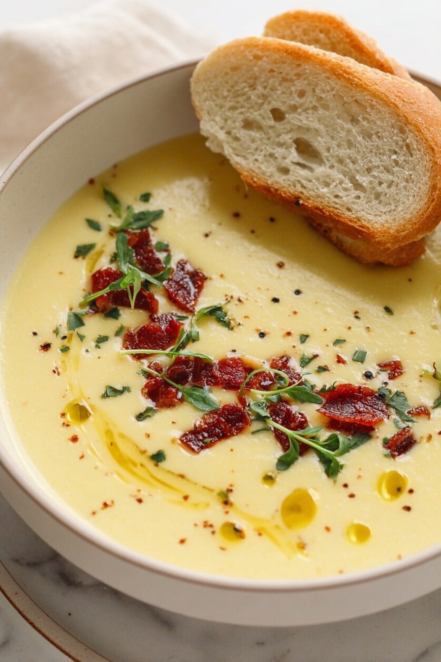 A bowl filled with creamy light beige soup, smooth in texture, with small black pepper specks throughout. On the surface, there are small pieces of crispy reddish-brown bacon scattered mainly on one side, bright green chopped herbs sprinkled mostly around the bacon, and light green dill sprigs. Several drops and a swirl of golden oil float on the top, adding shine and color contrast. The soup is served in a round white bowl with a thin speckled brown rim, placed on a white marbled surface, and a soft white cloth with garlic bulbs is in the background. photo taken with an iphone --ar 2:3 --v 7 - Easy Roasted Garlic Soup, roasted garlic soup, comforting garlic soup, creamy garlic potato soup, simple garlic soup