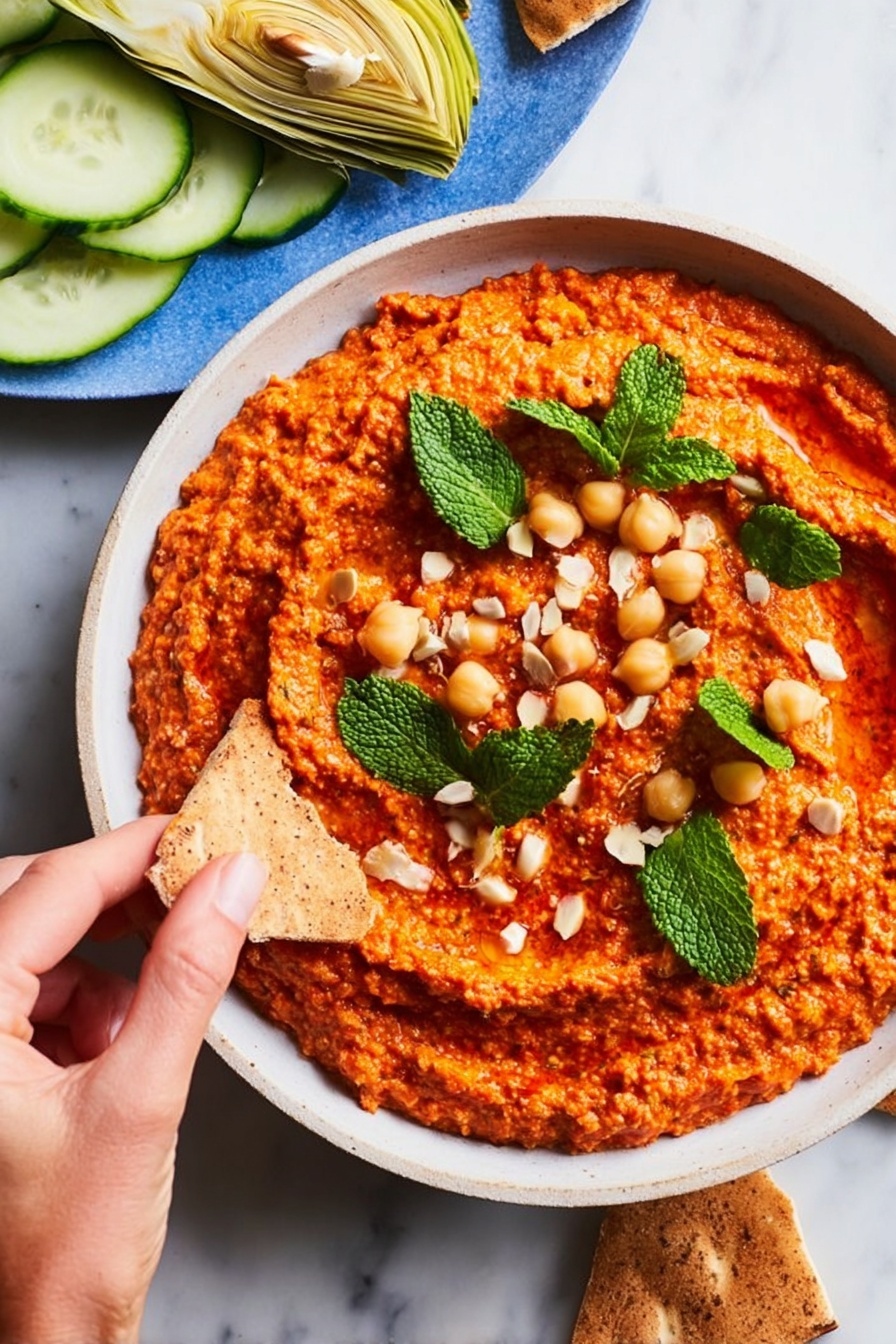 A white bowl filled with a thick, textured red dip that has small chunks and a slightly uneven surface, topped with whole chickpeas and fresh green mint leaves scattered across the top. A woman's hand is holding a piece of pita bread dipped into the edge of the bowl, the bread has a light brown, rough texture. To the upper right, there is a basket with pieces of pita bread lined with a blue and white cloth. Below the bowl, there is a plate with sliced green cucumbers and light yellow artichoke hearts. The background has a white marbled texture. Photo taken with an iphone --ar 2:3 --v 7 - Muhammara spicy red pepper and walnut dip, spicy red pepper dip, walnut dip recipe, Middle Eastern dip, smoky red pepper spread