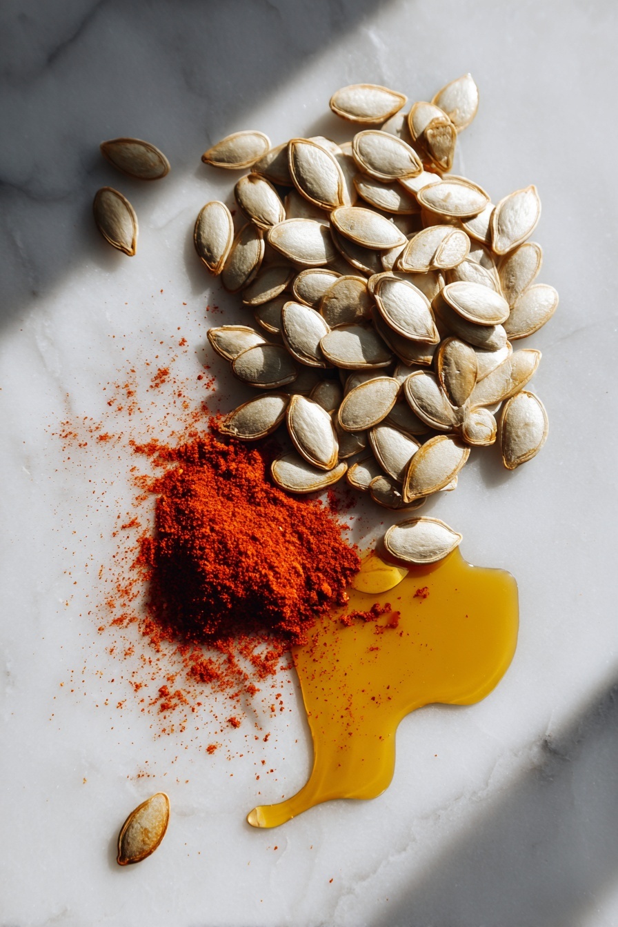 Flat lay of raw pumpkin seeds scattered beside a small pile of vibrant red chili powder and a small drizzle of golden extra-virgin olive oil artfully pooled next to them, all resting on a crisp white marble surface, photo taken with an iphone --ar 2:3 --v 7 - Roasted Pumpkin Seeds with Olive Oil, Sea Salt, and Chili Powder, crispy pumpkin seed snack, homemade roasted pumpkin seeds, spicy pumpkin seed recipe, healthy pumpkin seed snack