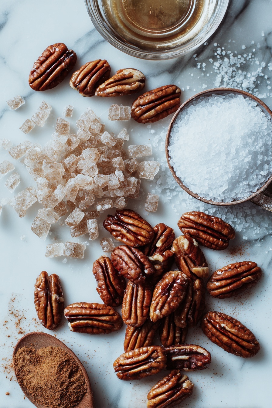 Flat lay of raw pecan halves, glossy brown sugar crystals, a small pool of clear water droplets, warm cinnamon powder, and coarse sea salt flakes, all beautifully arranged in neat clusters and gentle swirls, placed on a white marble surface, photo taken with an iphone --ar 2:3 --v 7 - Sweet and Spicy Candied Pecans, Candied Pecans recipe, Spicy sweet snack, Easy candied nut recipe, Salads and desserts toppings