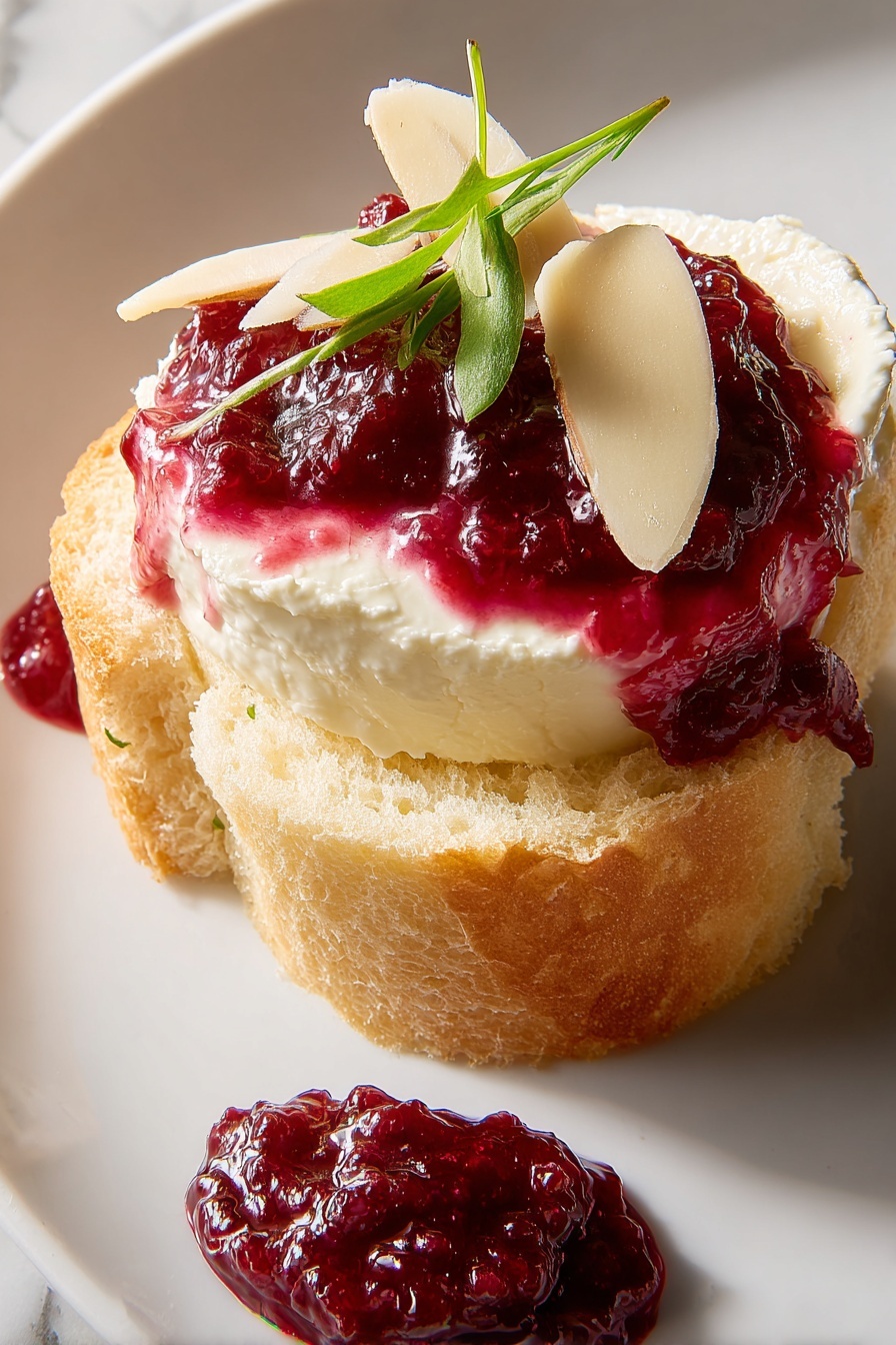A single round toasted bread slice with a light golden brown color and airy texture forms the base. On top, there is a thick smooth layer of creamy white cheese, partly covered with a glossy deep red berry sauce that drips slightly over the edges. A thin almond slice and two small bright green leaves rest on top, adding fresh detail. A small dollop of the same red sauce appears nearby on the white plate, which sits on a white marbled surface. Photo taken with an iphone --ar 2:3 --v 7 - Cranberry Cream Cheese Spread, Cranberry Cream Cheese, Holiday Cranberry Spread, Easy Cranberry Dip, Festive Cream Cheese Appetizer
